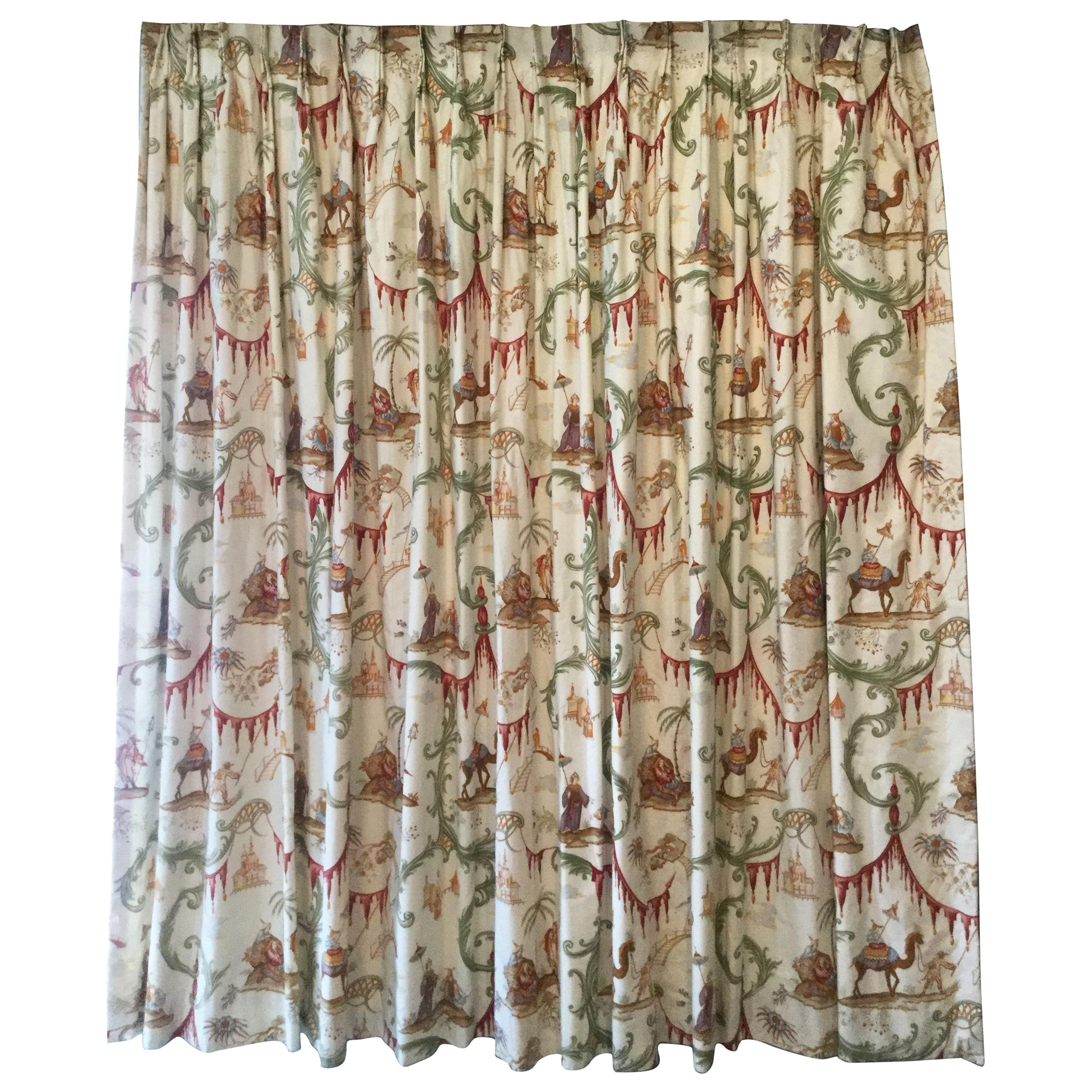 Wide pair of Scalamandre Toile Lined Drapes For Sale