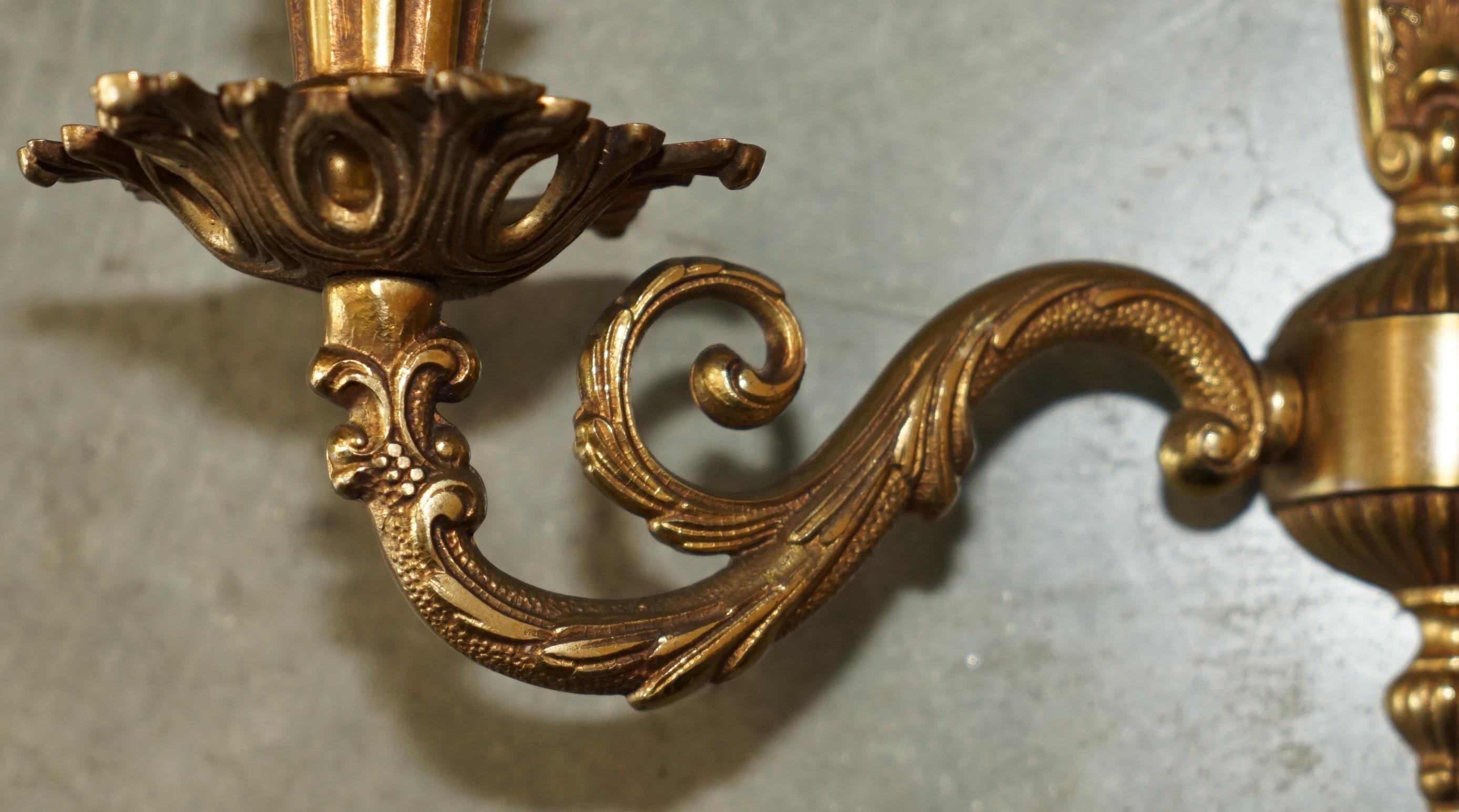 WIDE PAIR OF STUNNING ANTIQUE FRENCH 1920's BRONZED CANDLE SCONCE WALL LIGHTS For Sale 2
