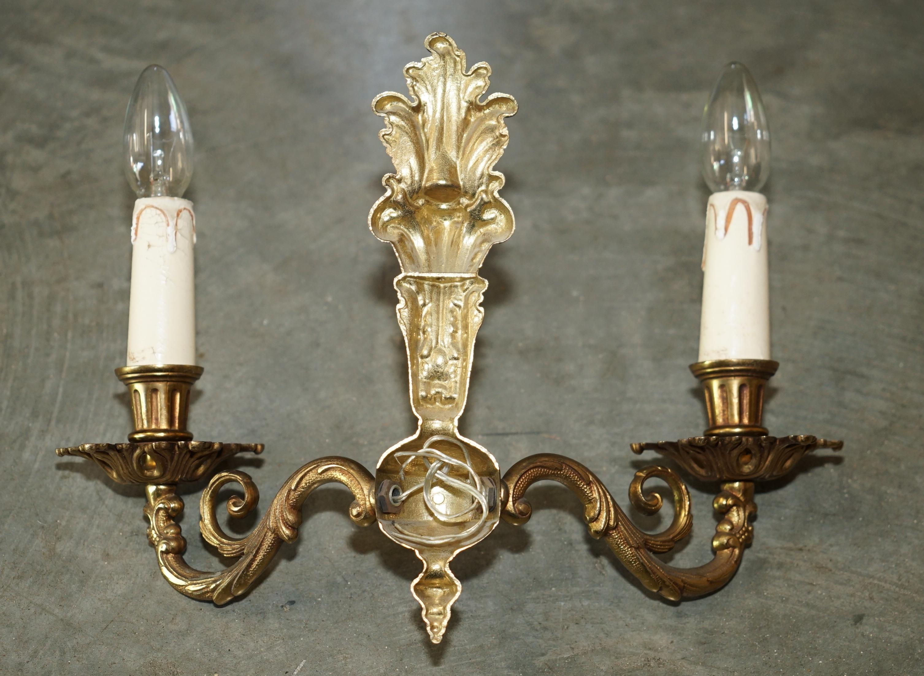 WIDE PAIR OF STUNNING ANTIQUE FRENCH 1920's BRONZED CANDLE SCONCE WALL LIGHTS For Sale 6