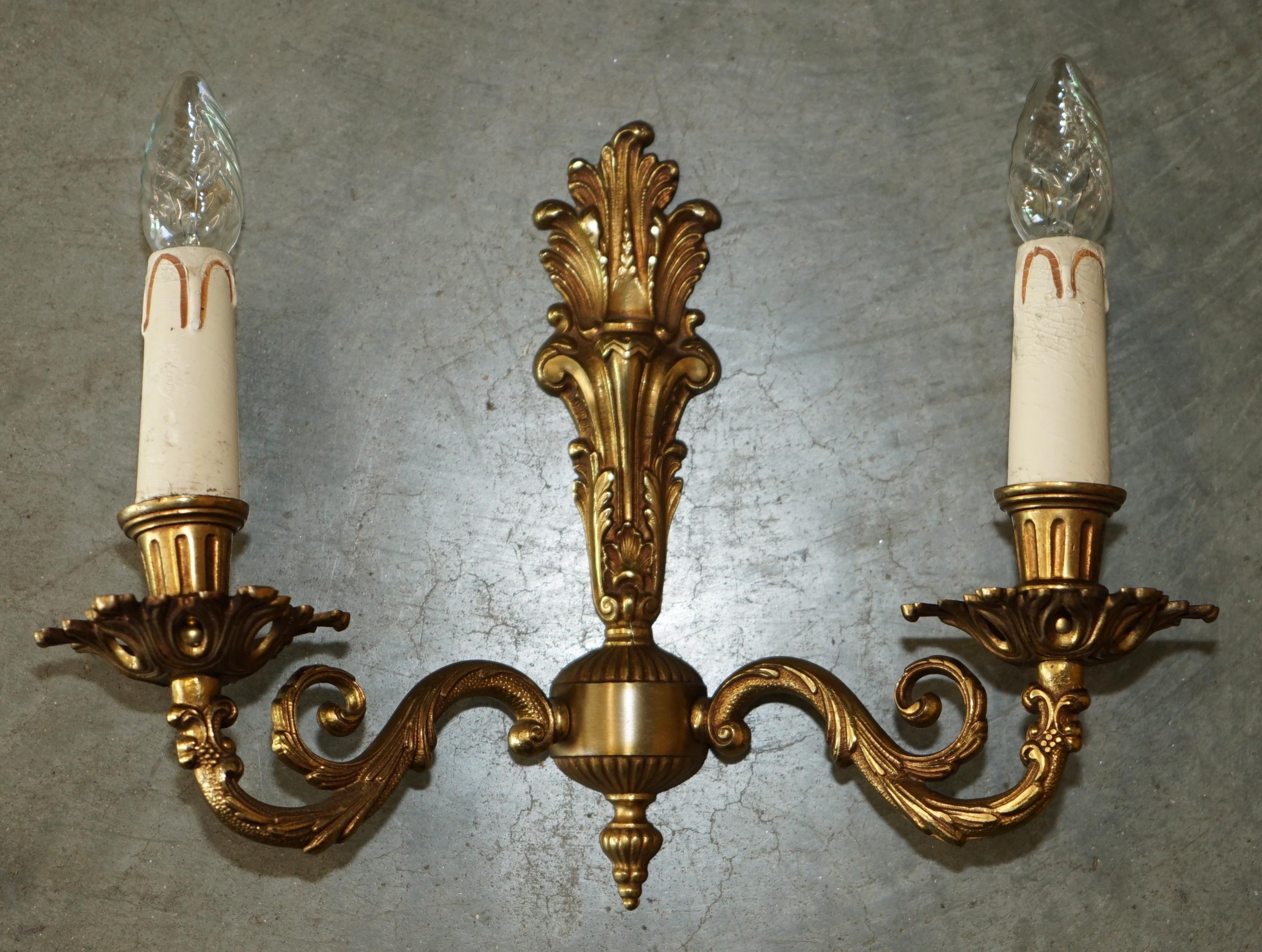 WIDE PAIR OF STUNNING ANTIQUE FRENCH 1920's BRONZED CANDLE SCONCE WALL LIGHTS For Sale 7