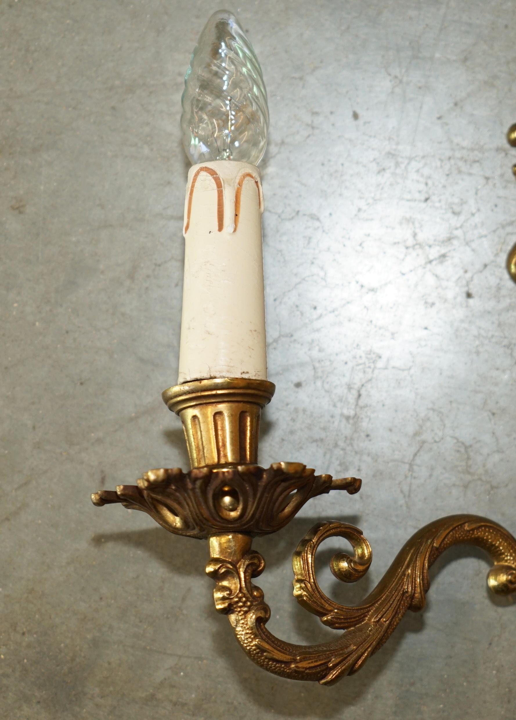 WIDE PAIR OF STUNNING ANTIQUE FRENCH 1920's BRONZED CANDLE SCONCE WALL LIGHTS For Sale 9