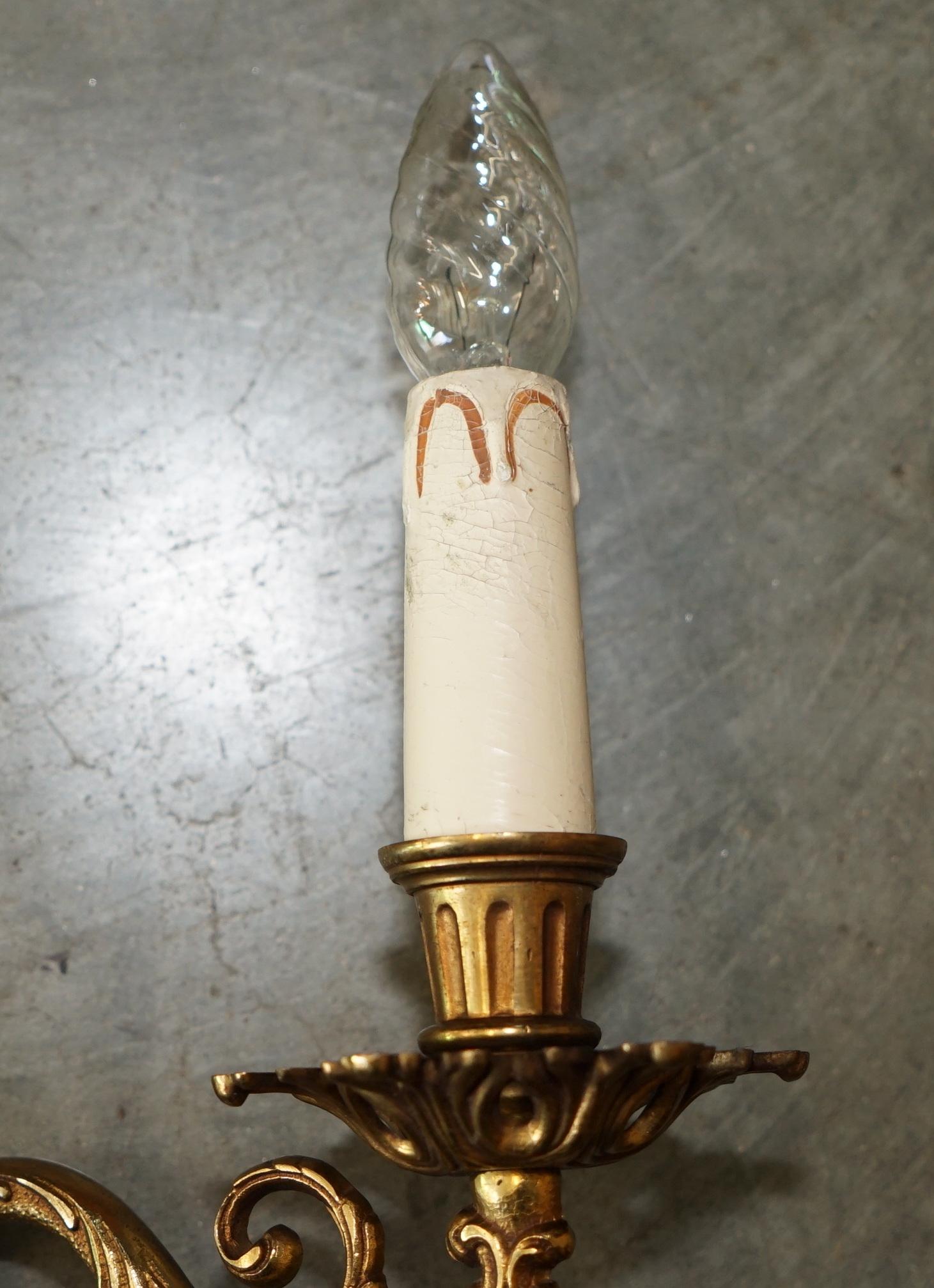 WIDE PAIR OF STUNNING ANTIQUE FRENCH 1920's BRONZED CANDLE SCONCE WALL LIGHTS For Sale 10