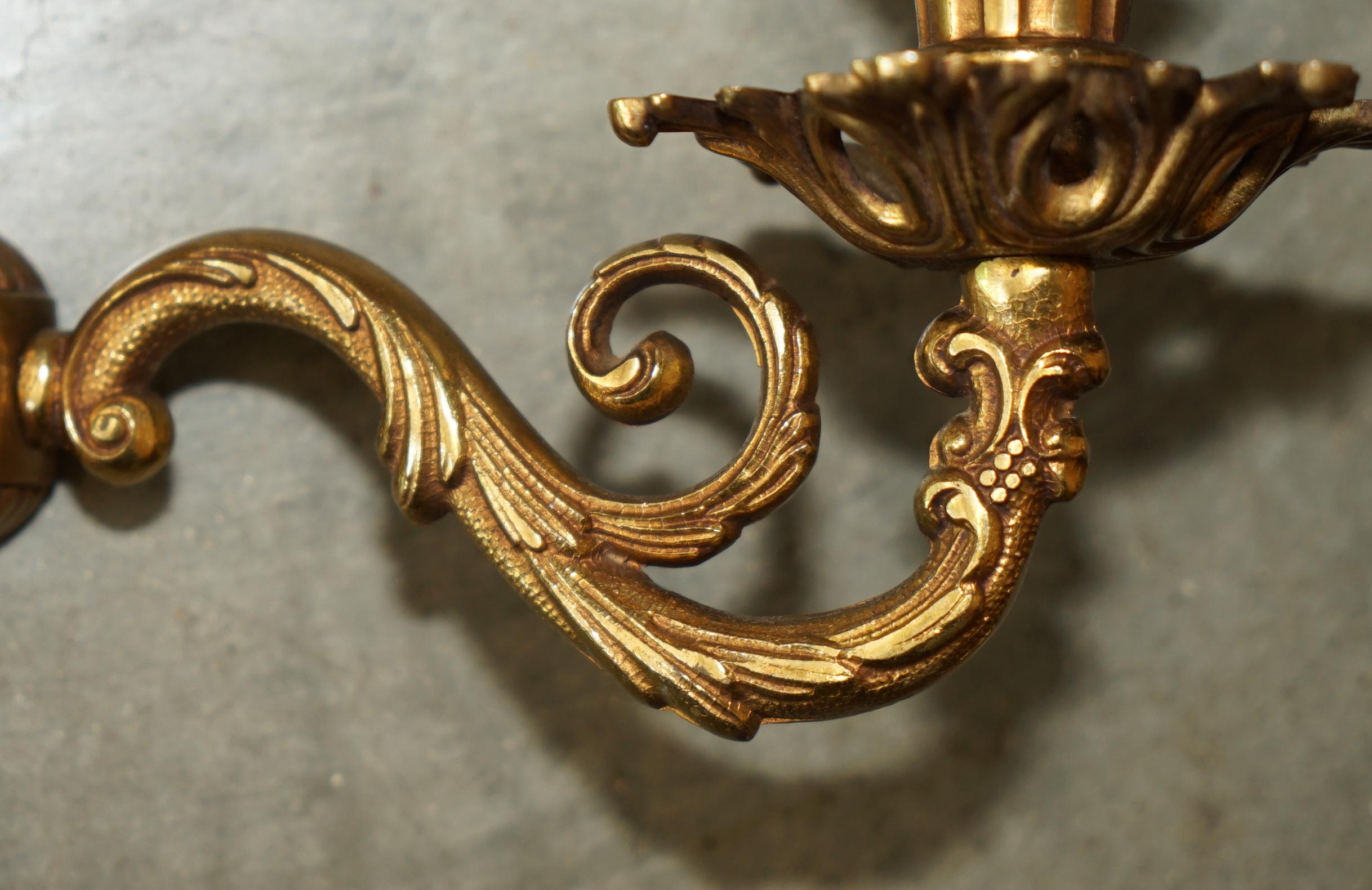 WIDE PAIR OF STUNNING ANTIQUE FRENCH 1920's BRONZED CANDLE SCONCE WALL LIGHTS For Sale 11