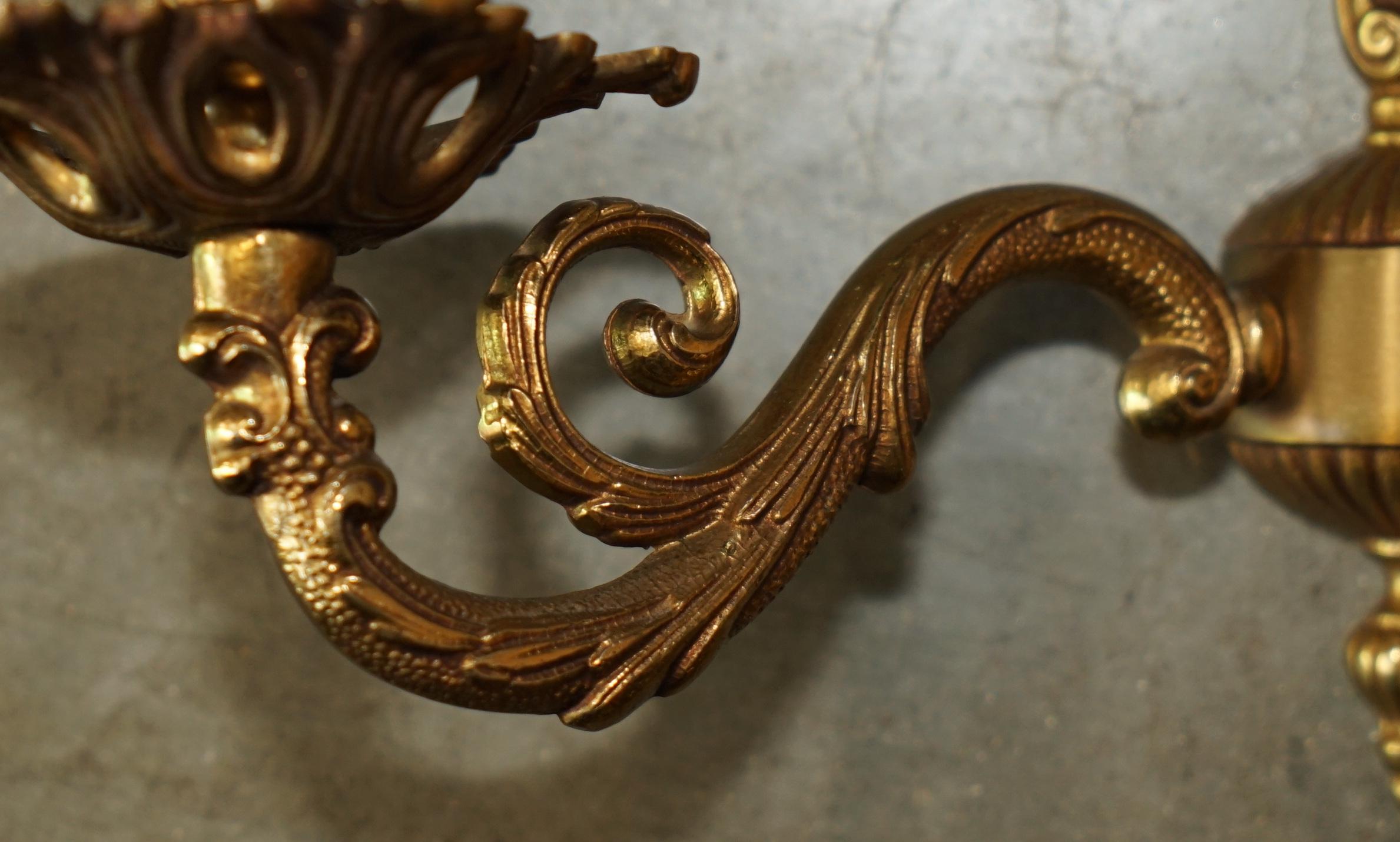 WIDE PAIR OF STUNNING ANTIQUE FRENCH 1920's BRONZED CANDLE SCONCE WALL LIGHTS For Sale 12