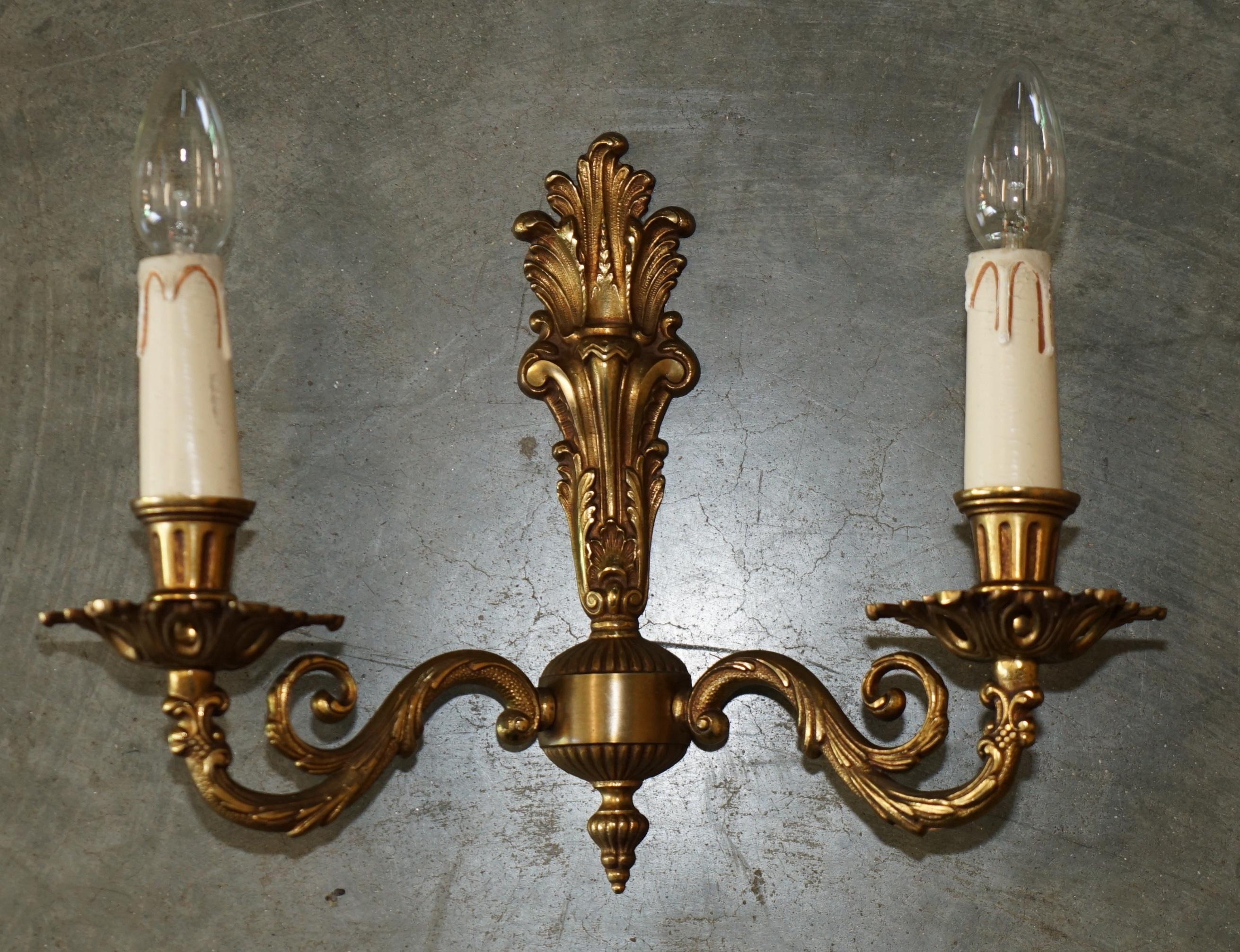 Rococo WIDE PAIR OF STUNNING ANTIQUE FRENCH 1920's BRONZED CANDLE SCONCE WALL LIGHTS For Sale