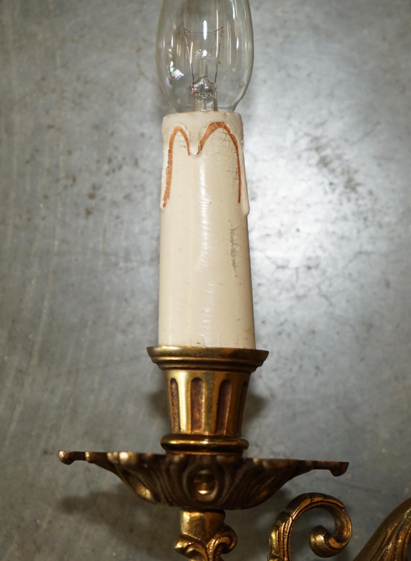 Early 20th Century WIDE PAIR OF STUNNING ANTIQUE FRENCH 1920's BRONZED CANDLE SCONCE WALL LIGHTS For Sale