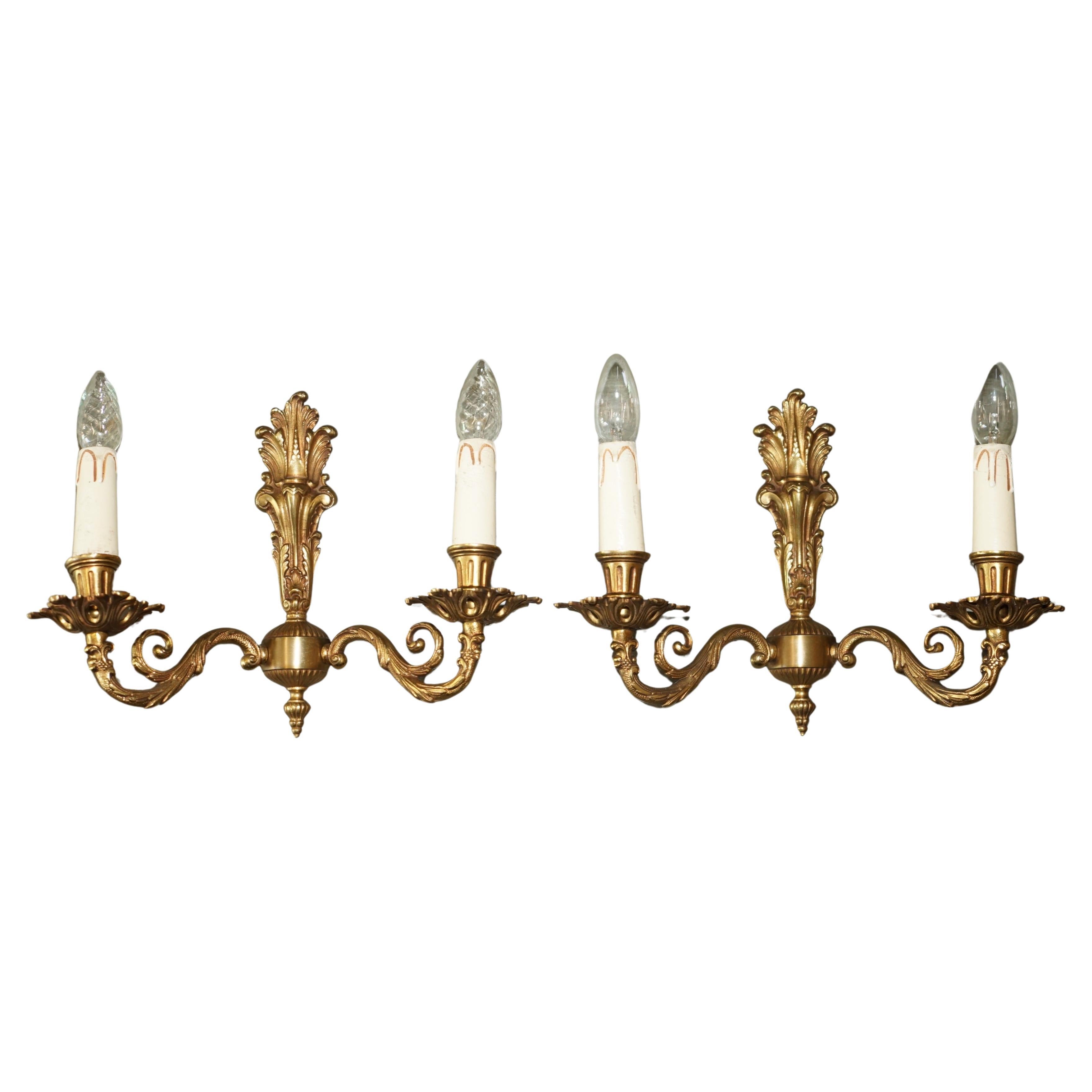 WIDE PAIR OF STUNNING ANTIQUE FRENCH 1920's BRONZED CANDLE SCONCE WALL LIGHTS