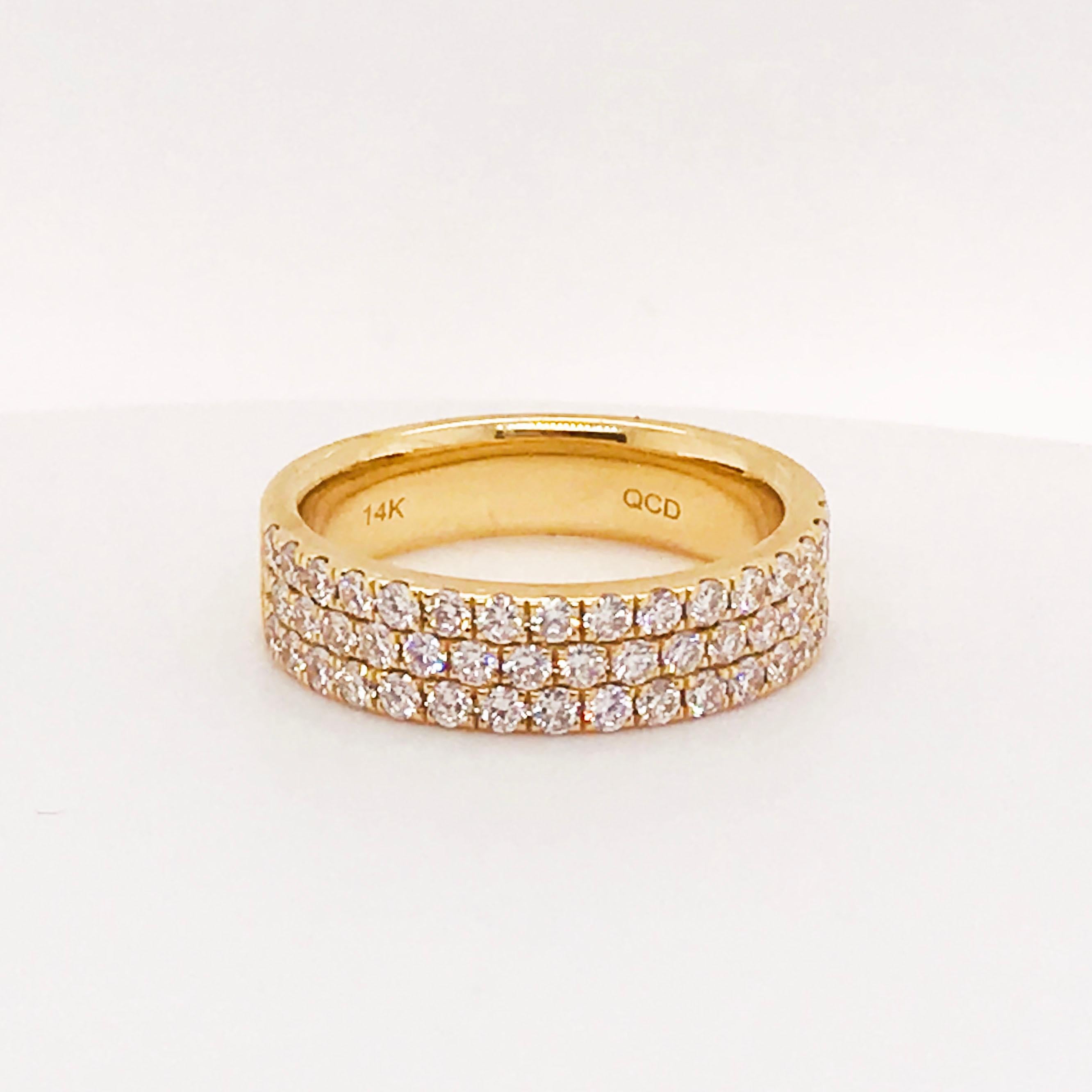 This is the perfect medium wide diamond ring!  It is made with three rows of beautiful diamonds that will sparkle across the room!  The band is very comfortable as the with this width you can still bend your finger-it is 5.4 millimeters wide. 
The