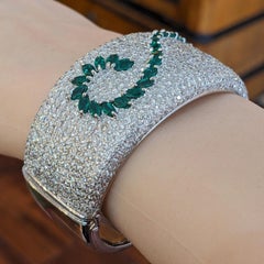 Wide Pave Diamond and Marquise Emerald Bangle Bracelet in 18k Gold