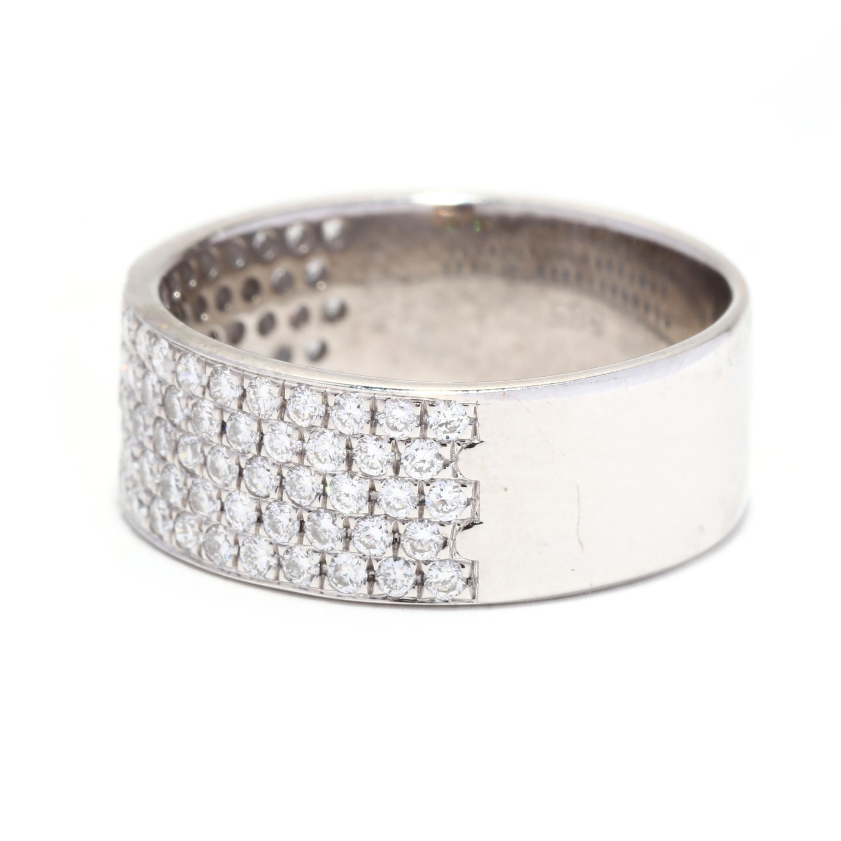 Women's or Men's Wide Pavé Diamond Band, 14K White Gold, Ring, Wide Diamond Wedding For Sale
