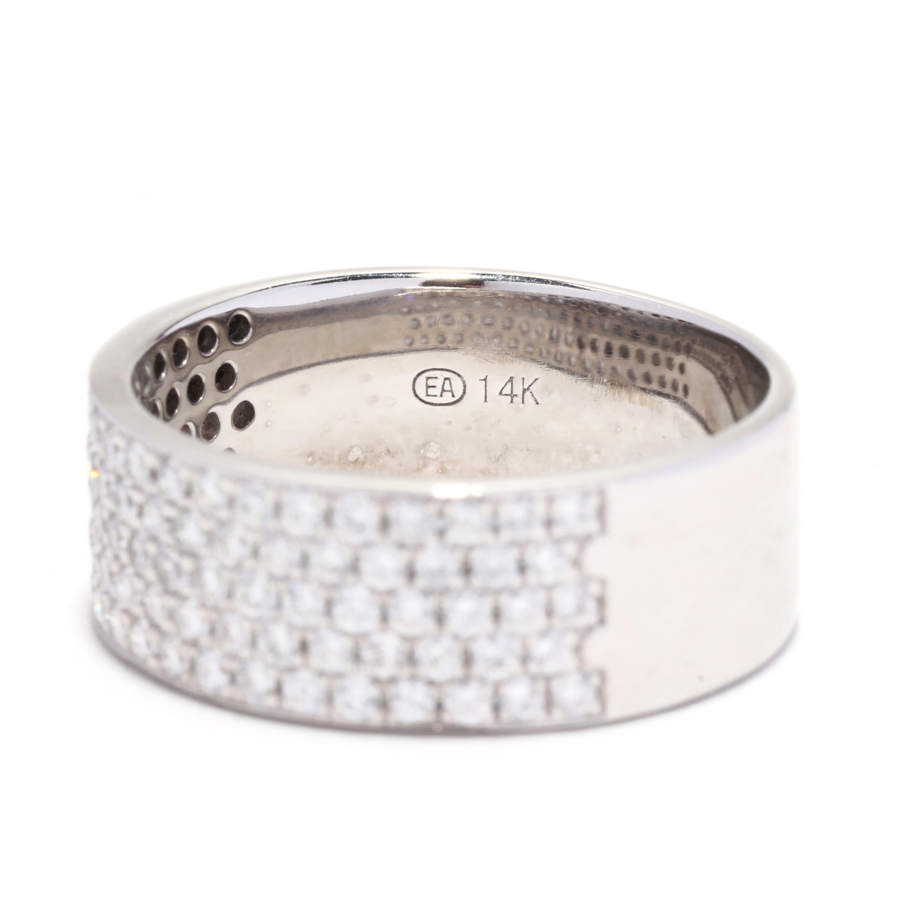 Wide Pavé Diamond Band, 14K White Gold, Ring, Wide Diamond Wedding For Sale 1