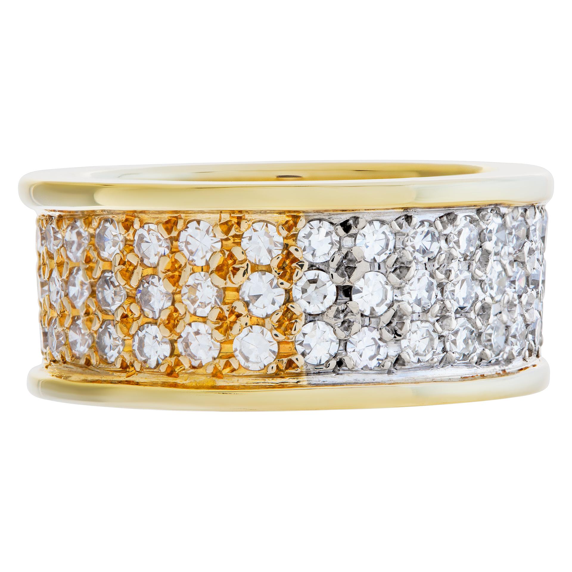 Wide pave diamond eternity band in 18k yellow and white gold with over 2 carats full cut round brilliant diamonds G-H color, VS clarity. Size 5.75. 6mm width.
