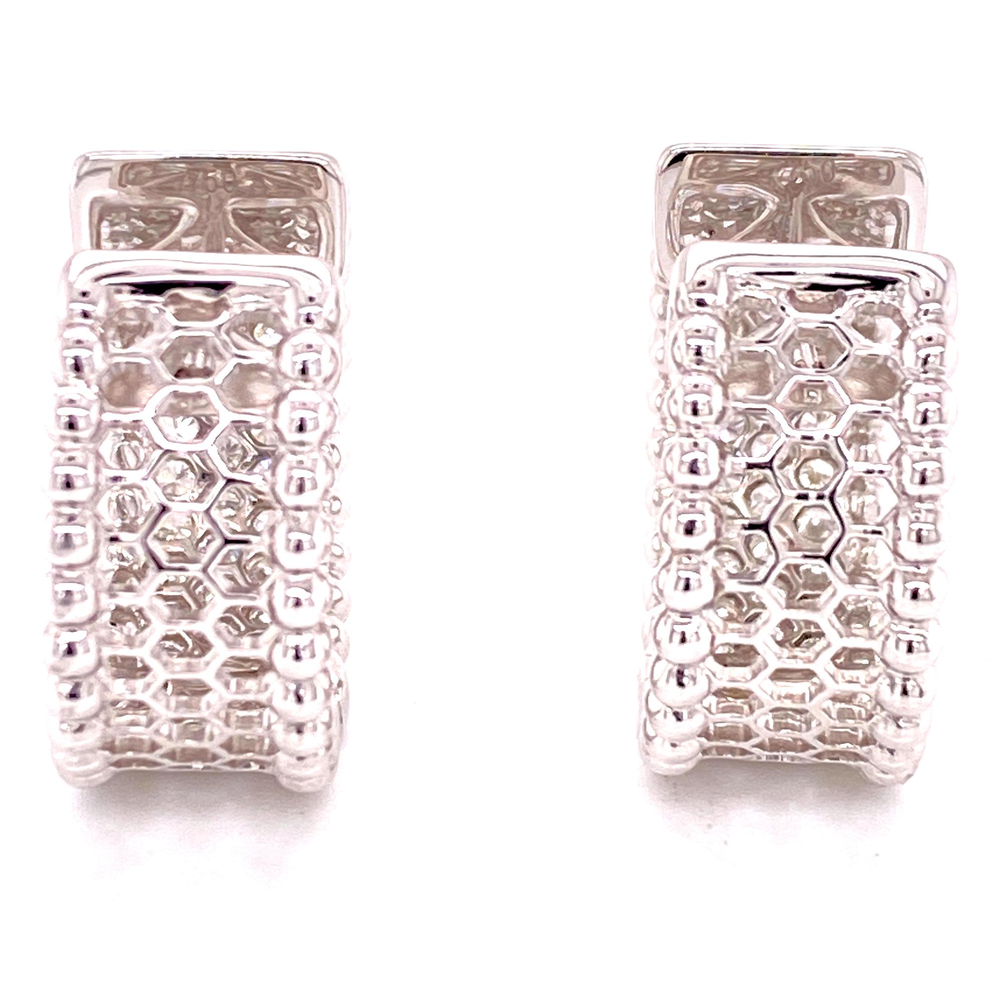 Round Cut Modern Pave Diamond Hoop Earrings 18 Karat White Gold For Sale