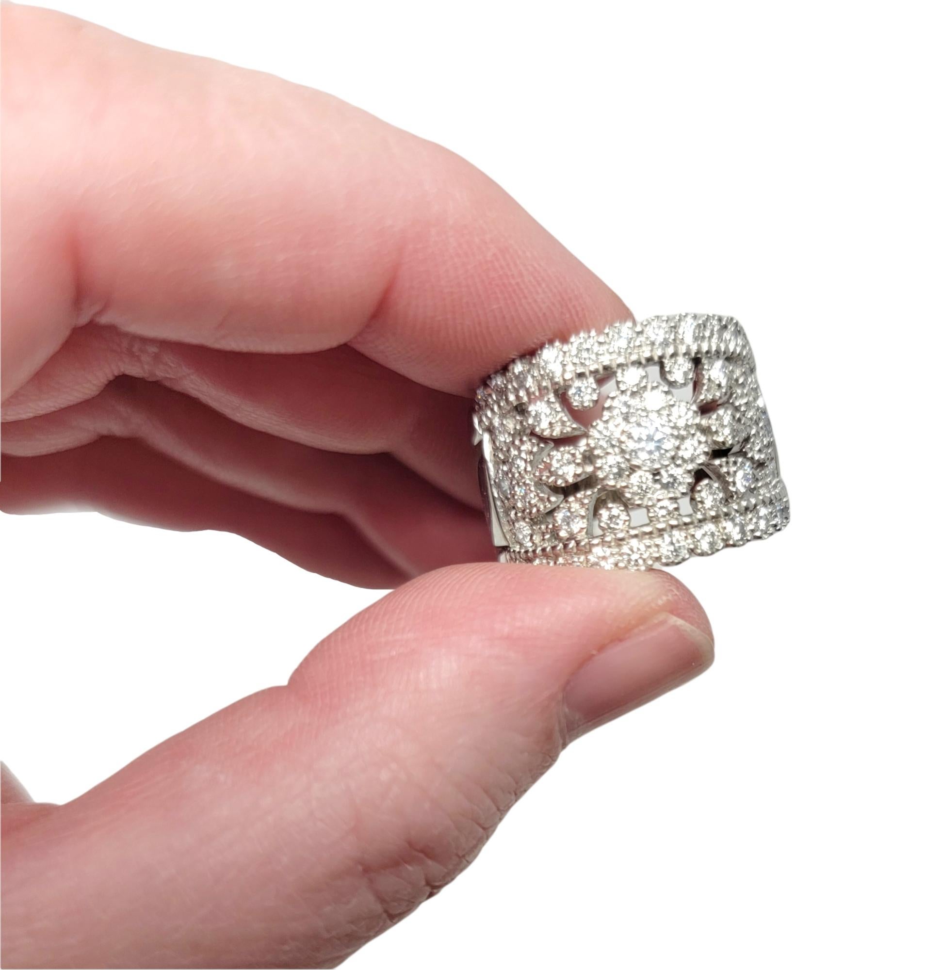 Wide Pave Diamond Ornate Cluster Flower Burst Band Ring in 14 Karat White Gold For Sale 1