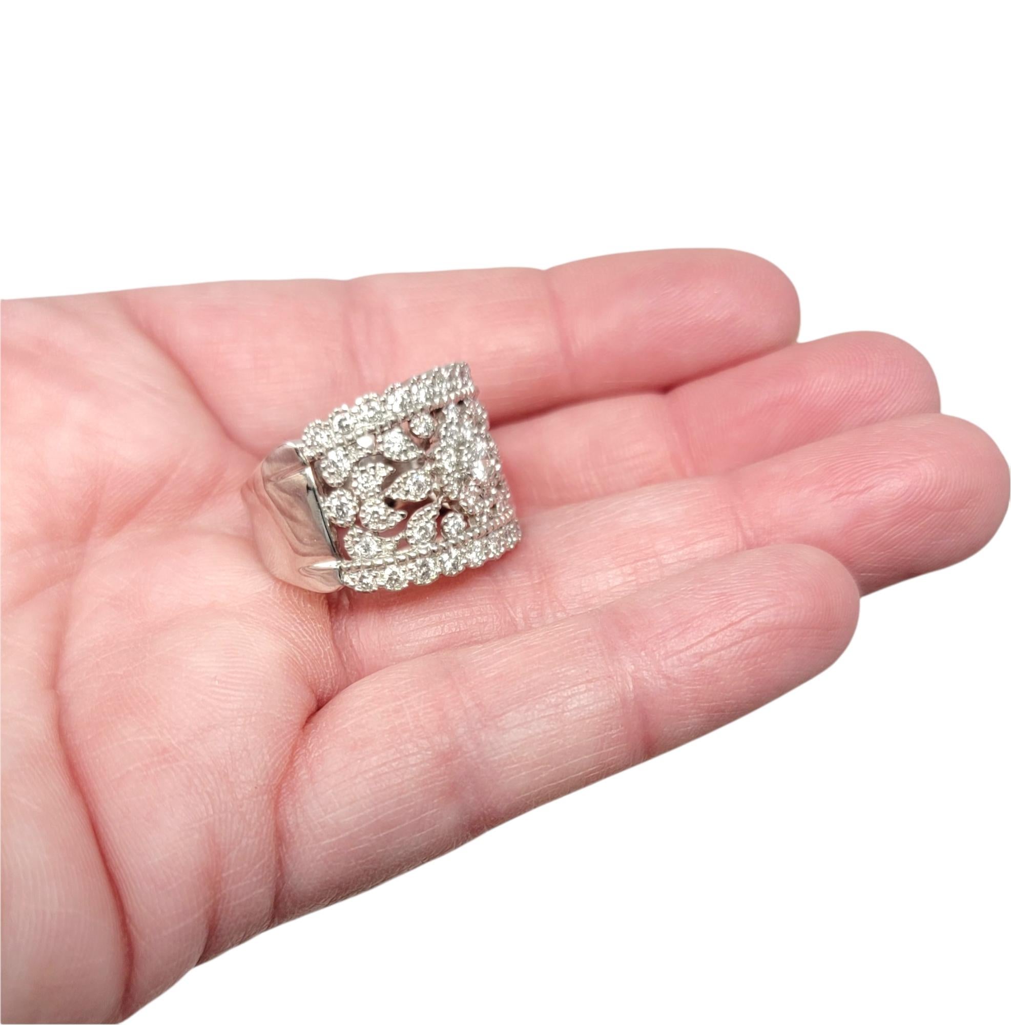 Wide Pave Diamond Ornate Cluster Flower Burst Band Ring in 14 Karat White Gold For Sale 2