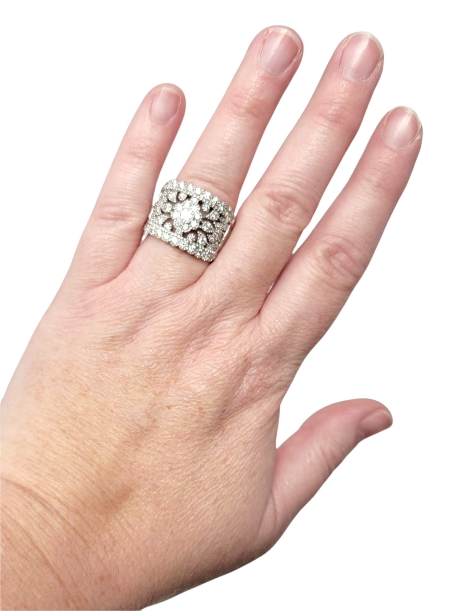 Wide Pave Diamond Ornate Cluster Flower Burst Band Ring in 14 Karat White Gold For Sale 3