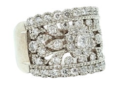 Pavé Diamond Cutout Milgrain Flower Motif Wide Band Ring 14 Karat White Gold