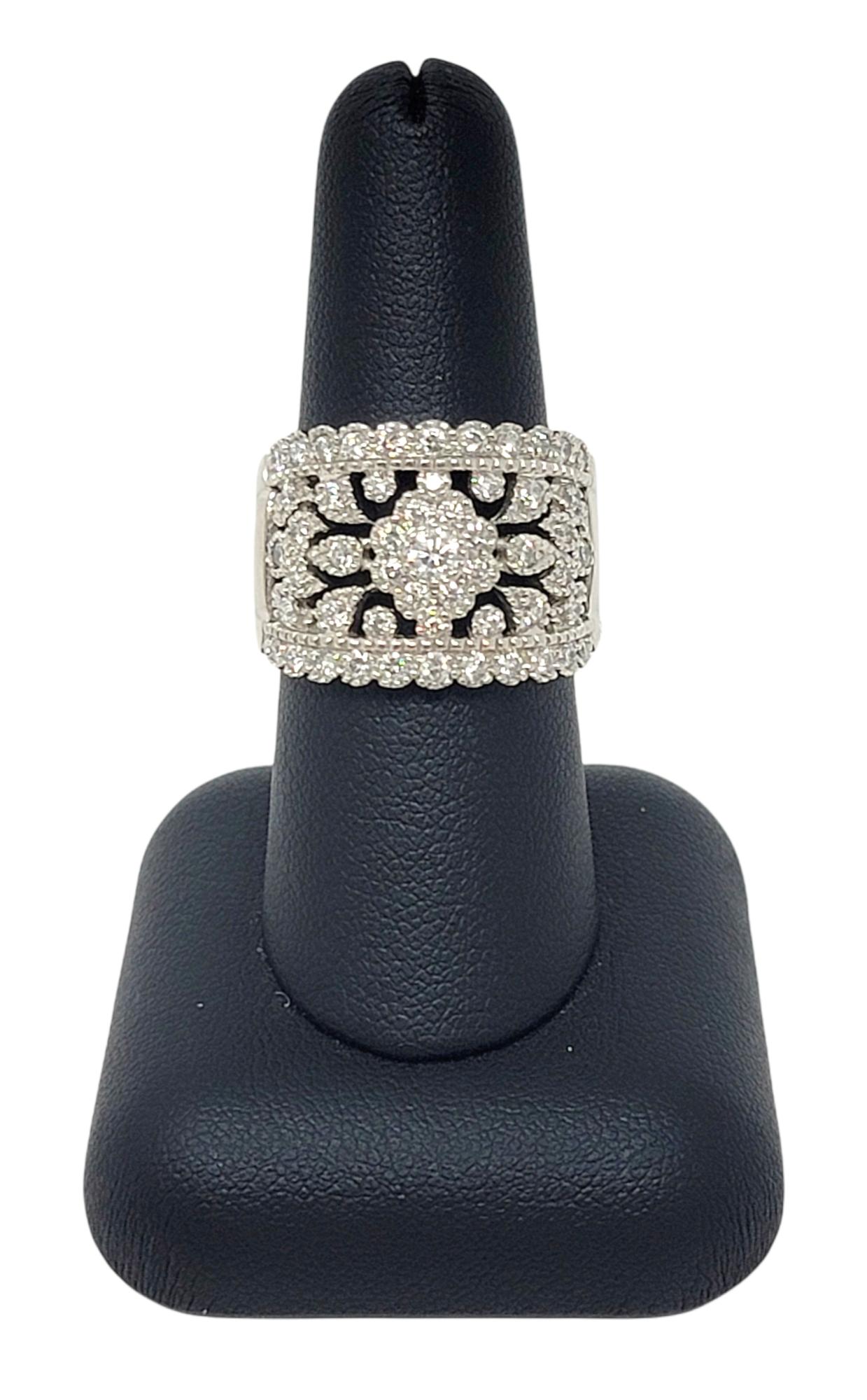 Wide Pave Diamond Ornate Cluster Flower Burst Band Ring in 14 Karat White Gold In Good Condition For Sale In Scottsdale, AZ