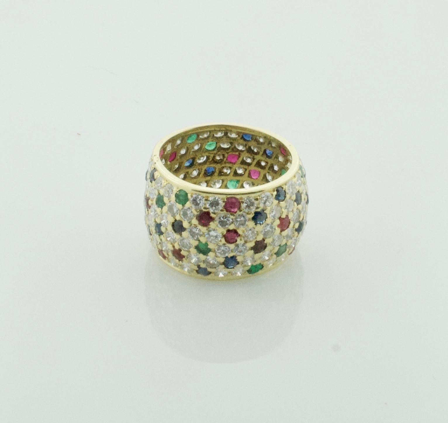 Wide Pave' Eternity Band with Diamonds, Sapphires and Rubies in 18k Yellow Gold For Sale 3