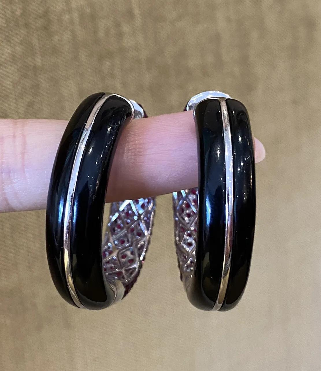 Round Cut Wide Pave Ruby and Onyx Round Hoop Earrings in 18k White Gold For Sale