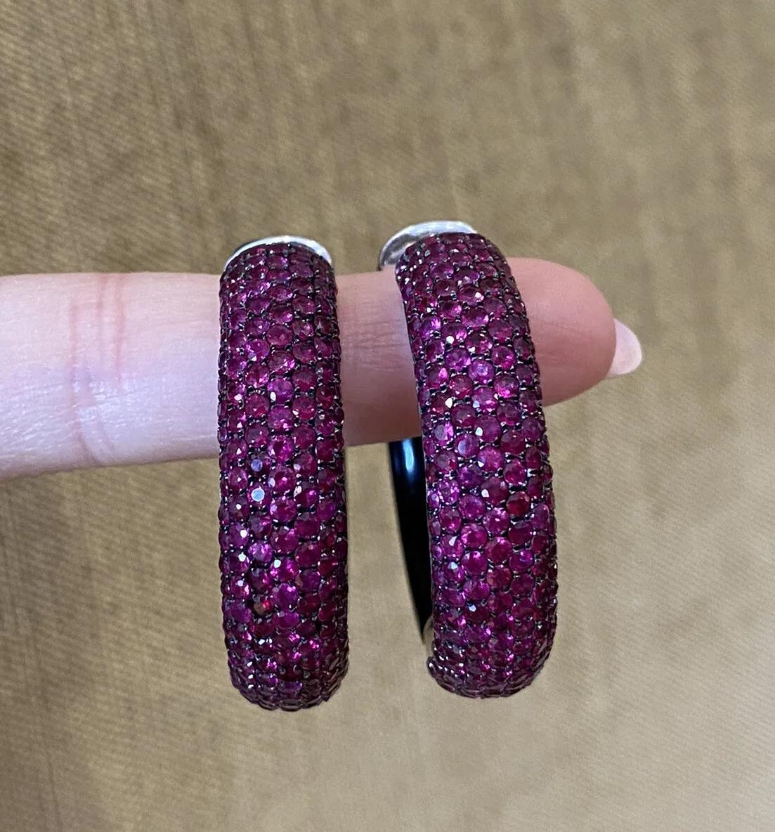 Wide Pave Ruby and Onyx Round Hoop Earrings in 18k White Gold For Sale 1