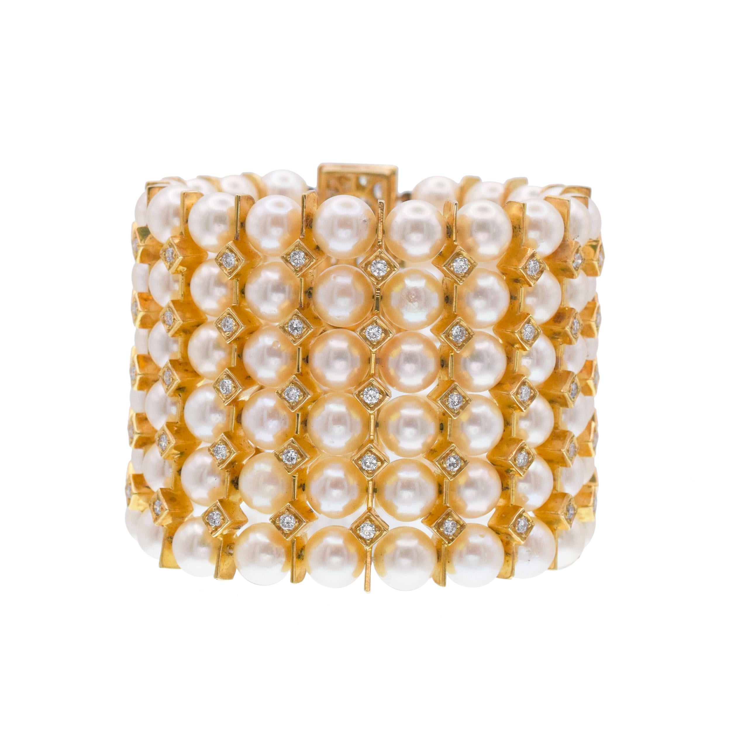 Bracelet large à 6 rangs de perles et de diamants. en vente 6