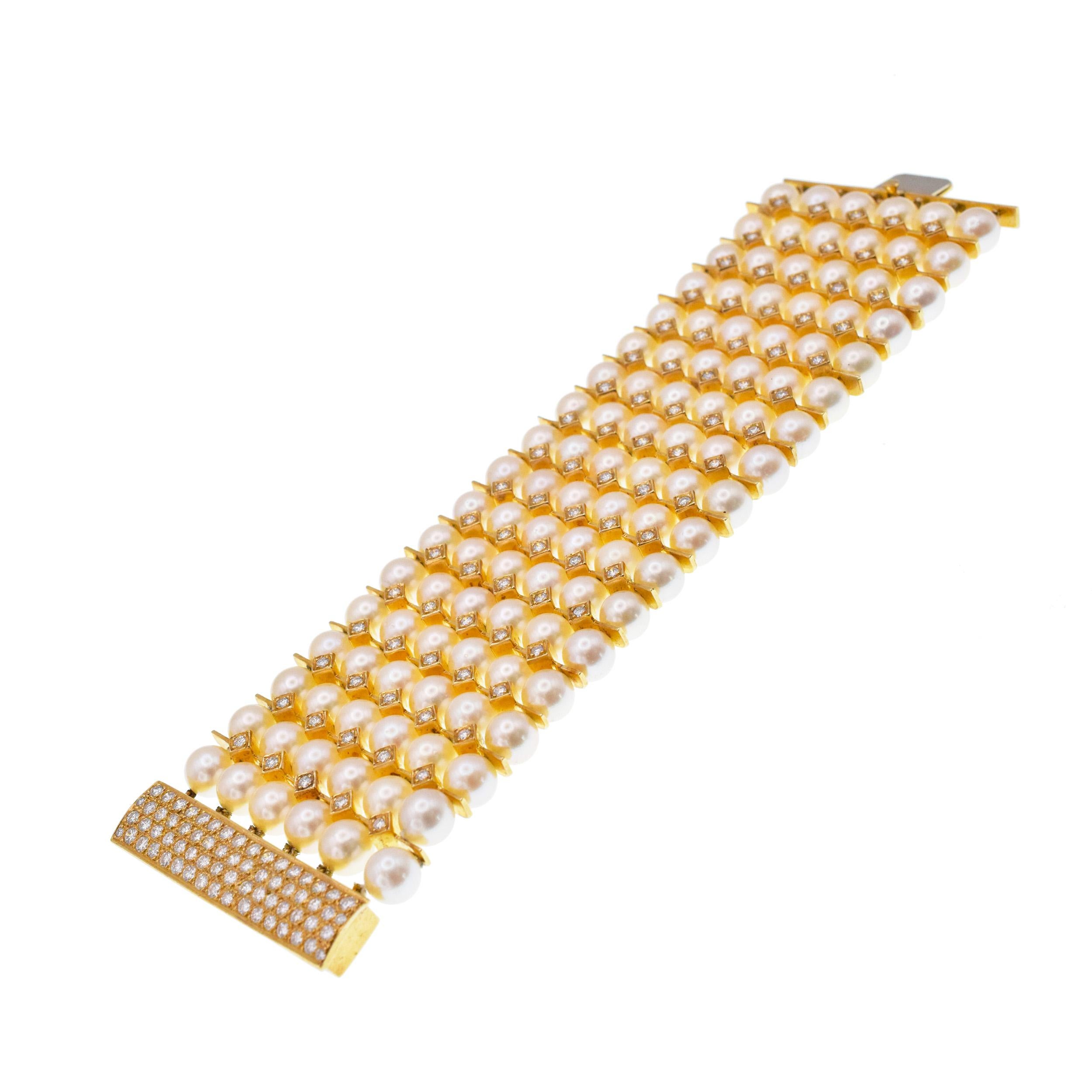 Bracelet large à 6 rangs de perles et de diamants. en vente 4