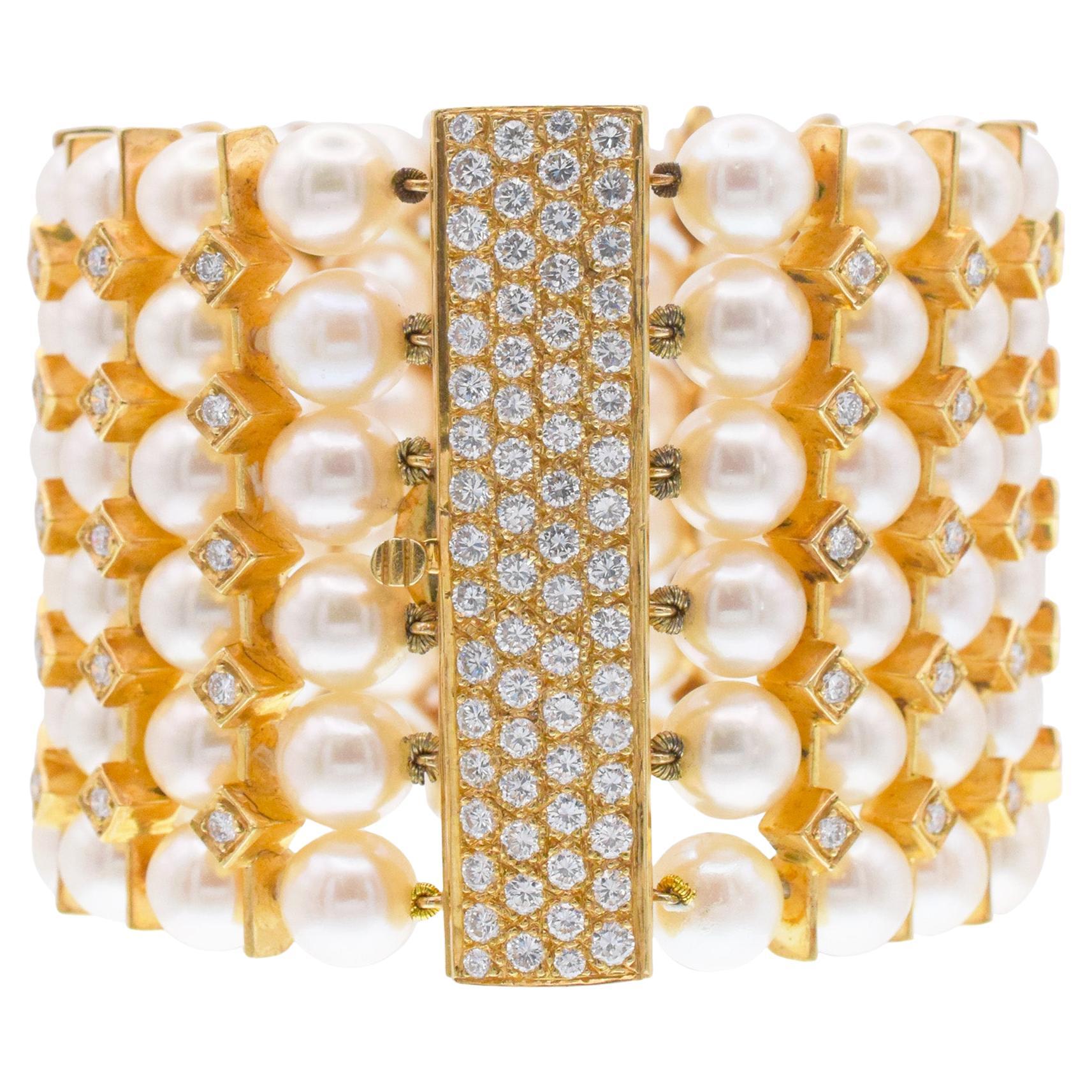 Wide Pearl and Diamond 6-row Bracelet.