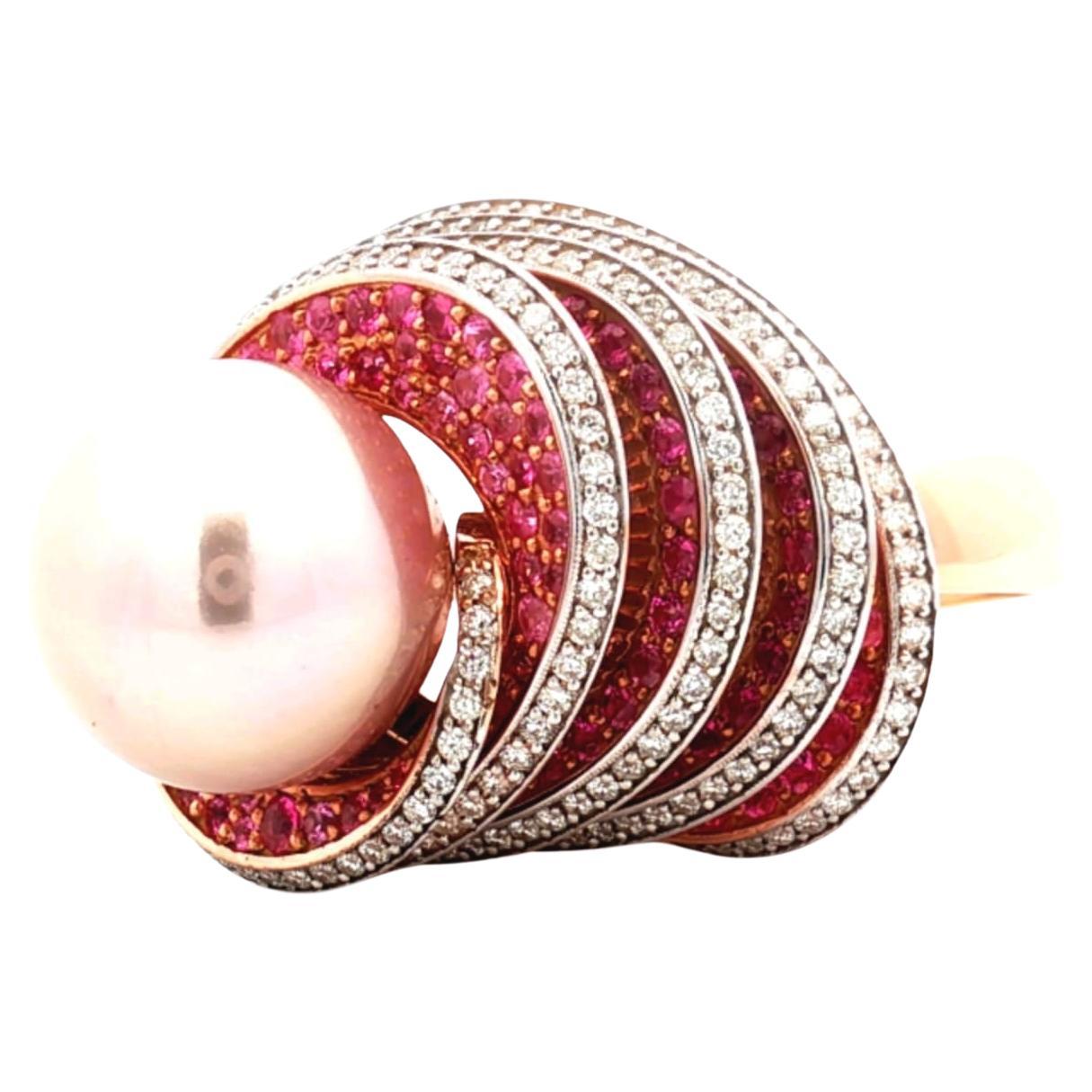 Wide Pearl Diamond Pink Sapphire Rose 18K Gold Exclusive Ring for Her