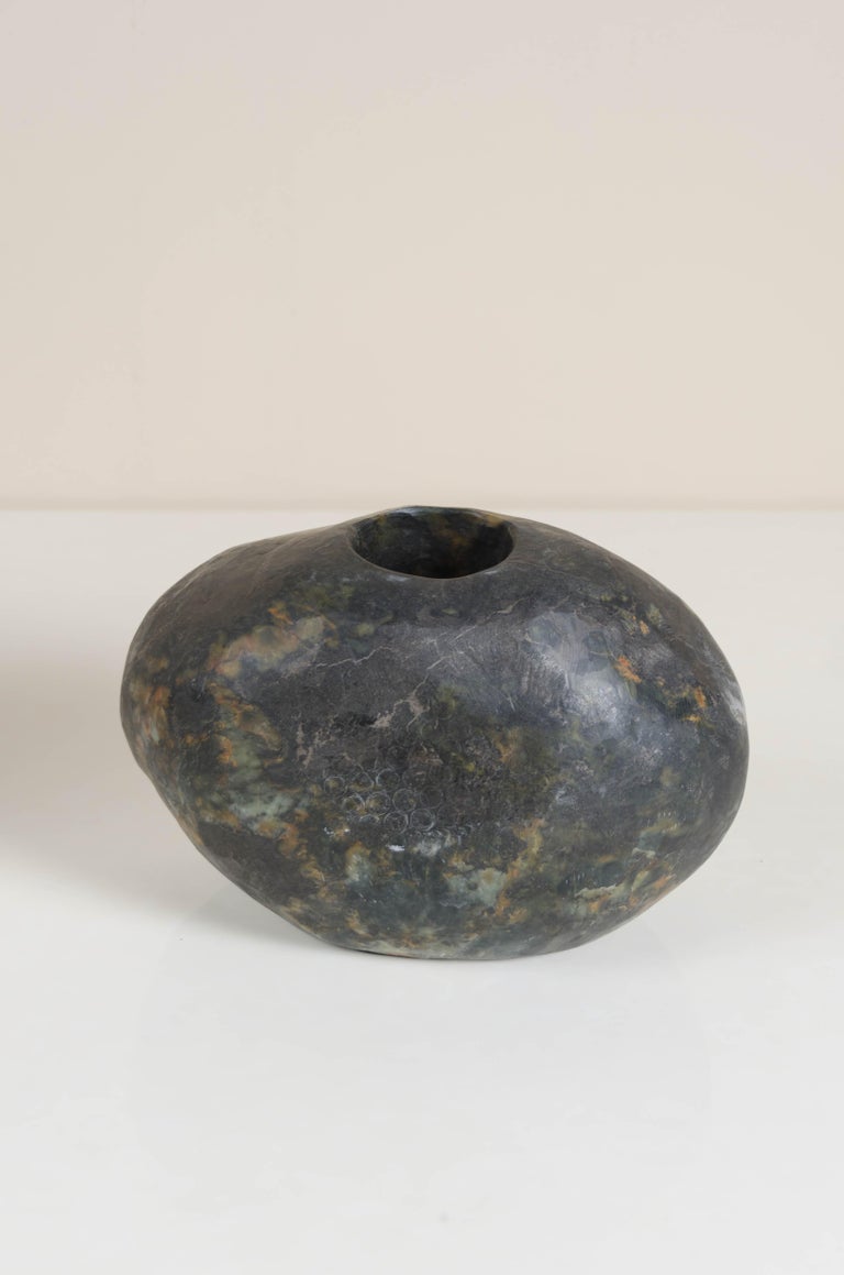 Wide Pebble Bud Vase, Nephrite Jade by Robert Kuo, Hand Carved, Limited