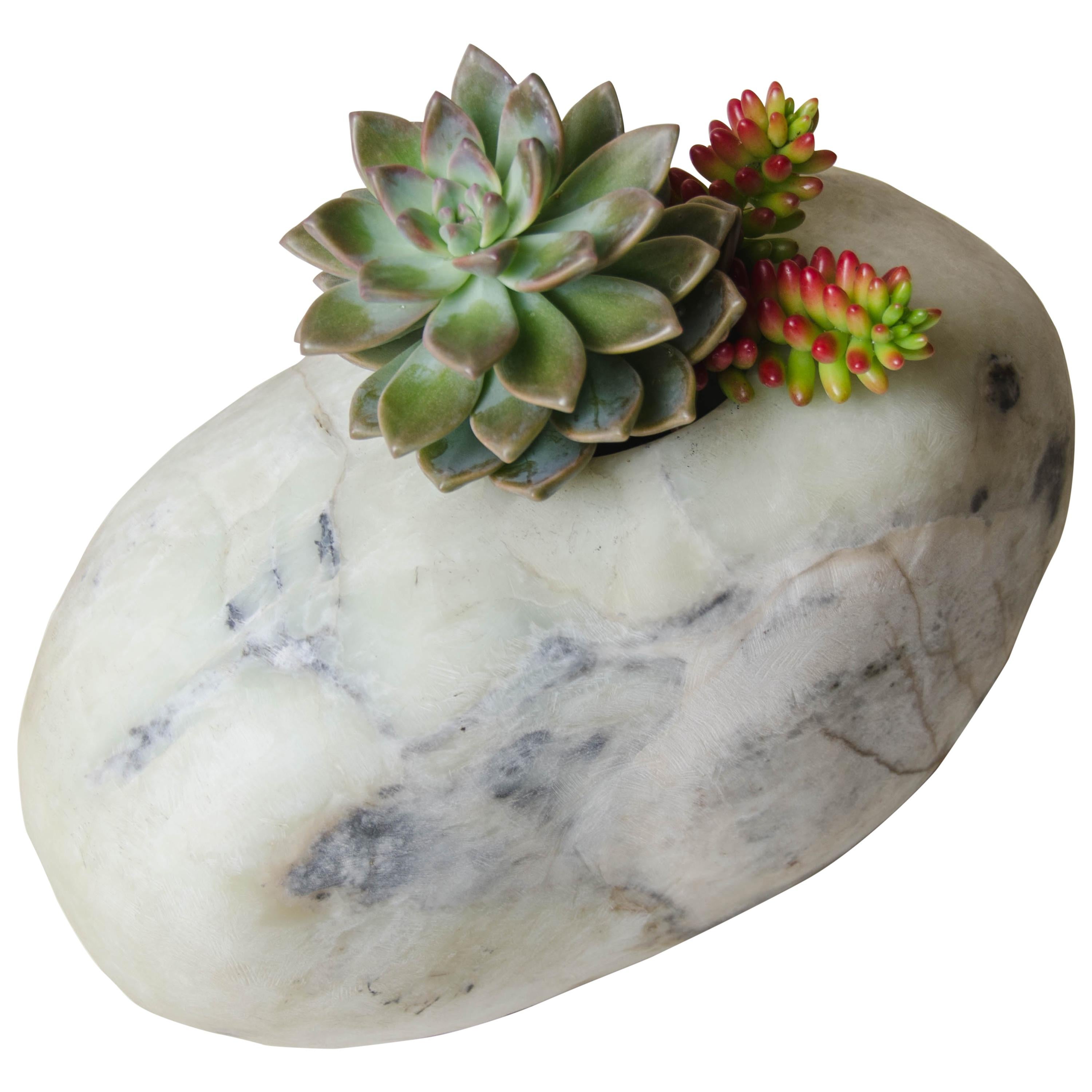 Wide Pebble Bud Vase, Nephrite Jade by Robert Kuo, Hand Carved, Limited