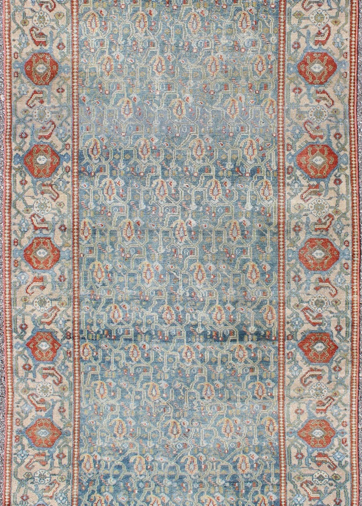 Wide Persian Malayer Runner with All-Over Floral Pattern in Persian Blue Color In Excellent Condition In Atlanta, GA