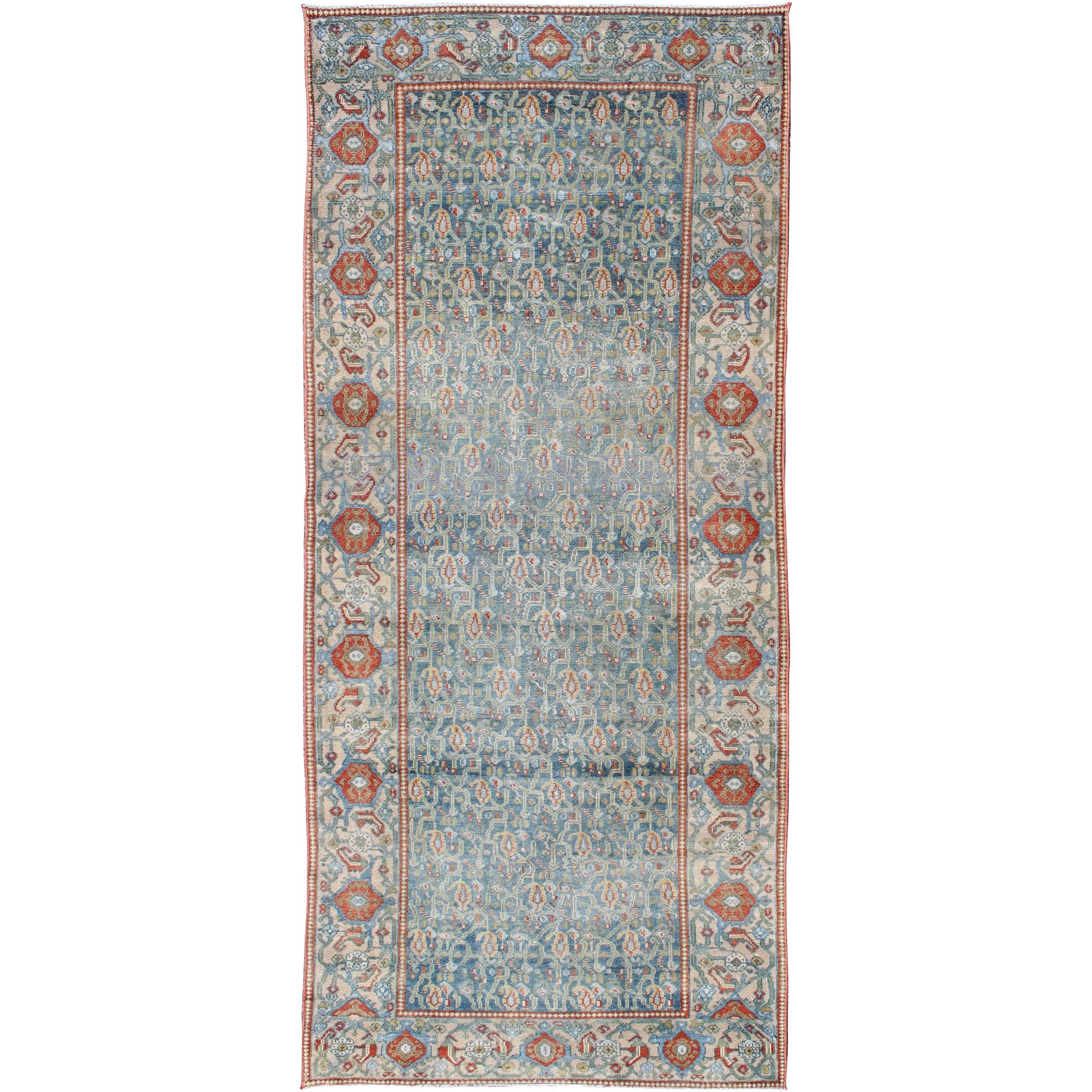 Wide Persian Malayer Runner with All-Over Floral Pattern in Persian Blue Color