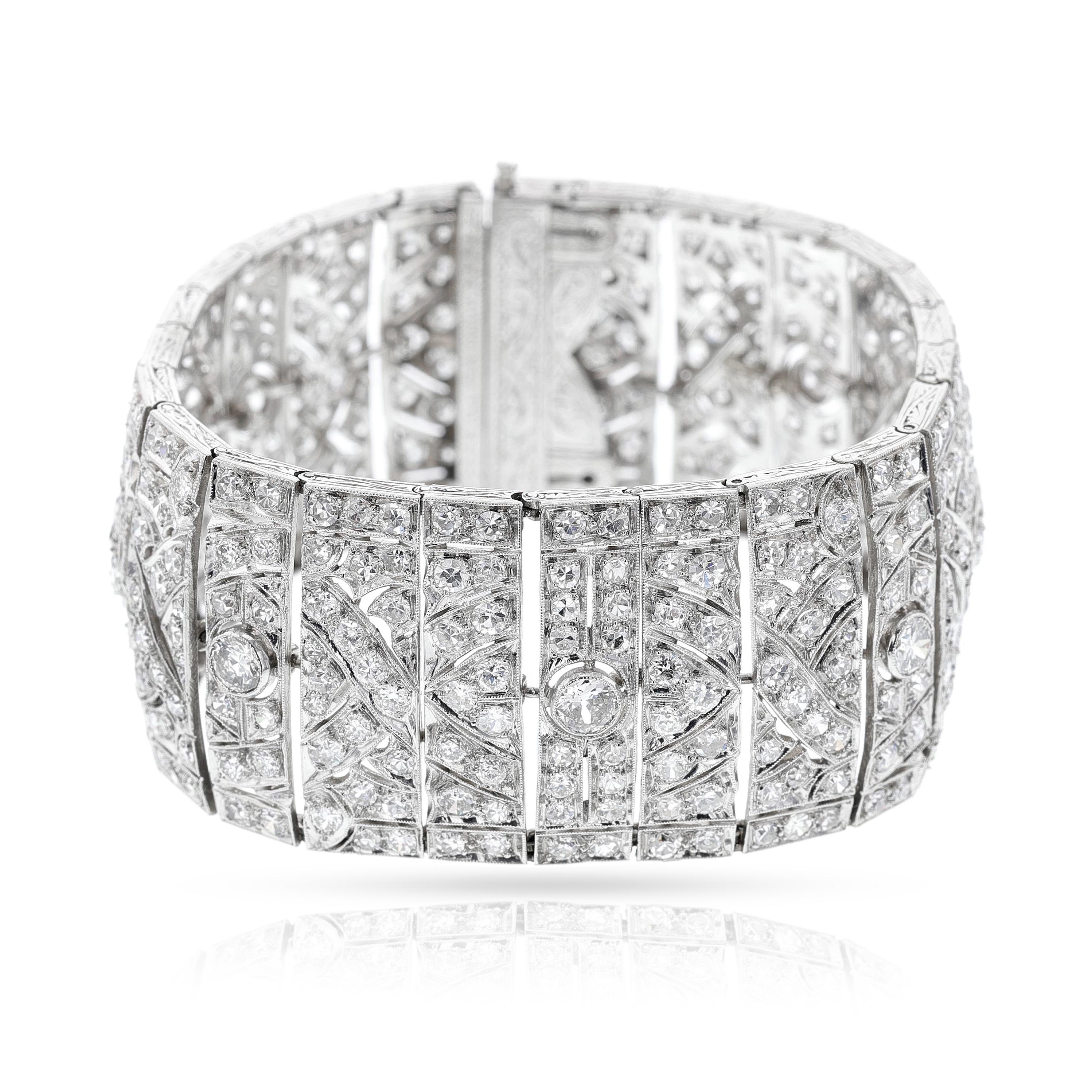 Women's or Men's Wide Platinum Diamond Art Deco Bracelet For Sale