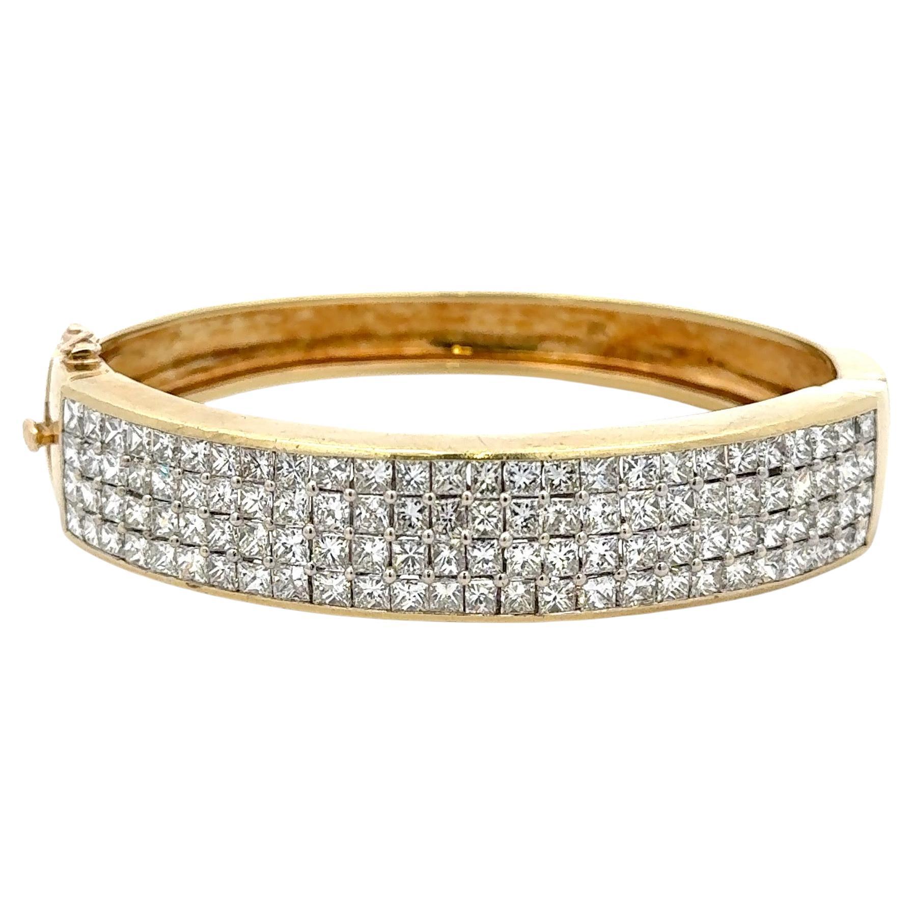 Wide Princess Cut Diamond Bangle Bracelet 12 Carats 18KT Yellow Gold 67 Grams