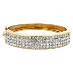 Wide Princess Cut Diamond Bangle Bracelet 12 Carats 18KT Yellow Gold 67 Grams