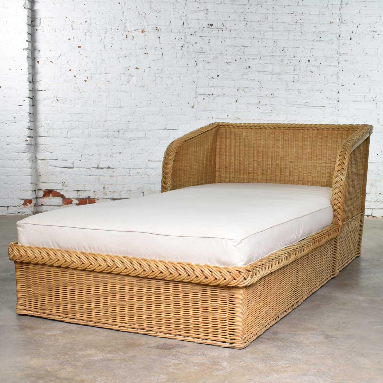 Fabric Wide Rattan Wicker Chaise by Bielecky Brothers, Inc. New White Canvas Upholstery