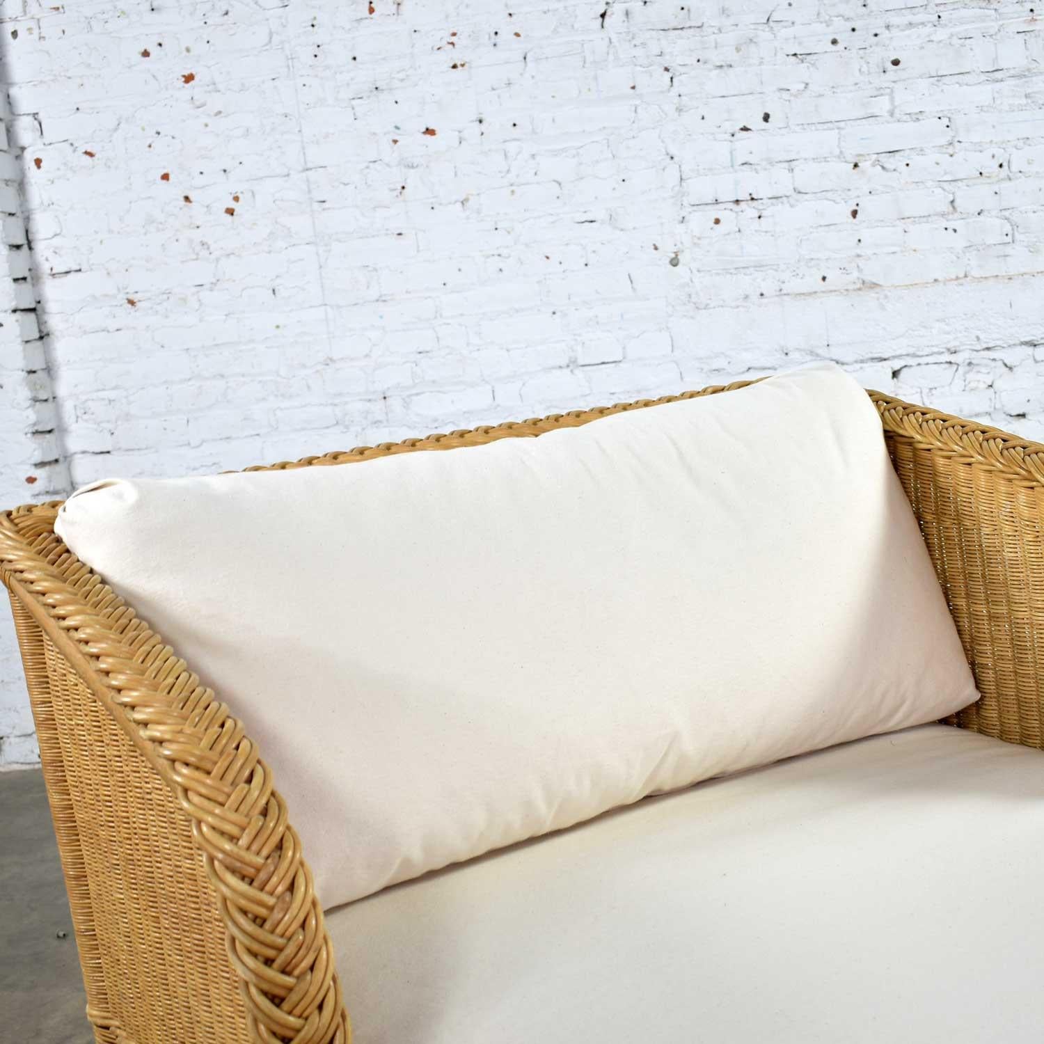 Wide Rattan Wicker Chaise by Bielecky Brothers, Inc. New White Canvas Upholstery 1