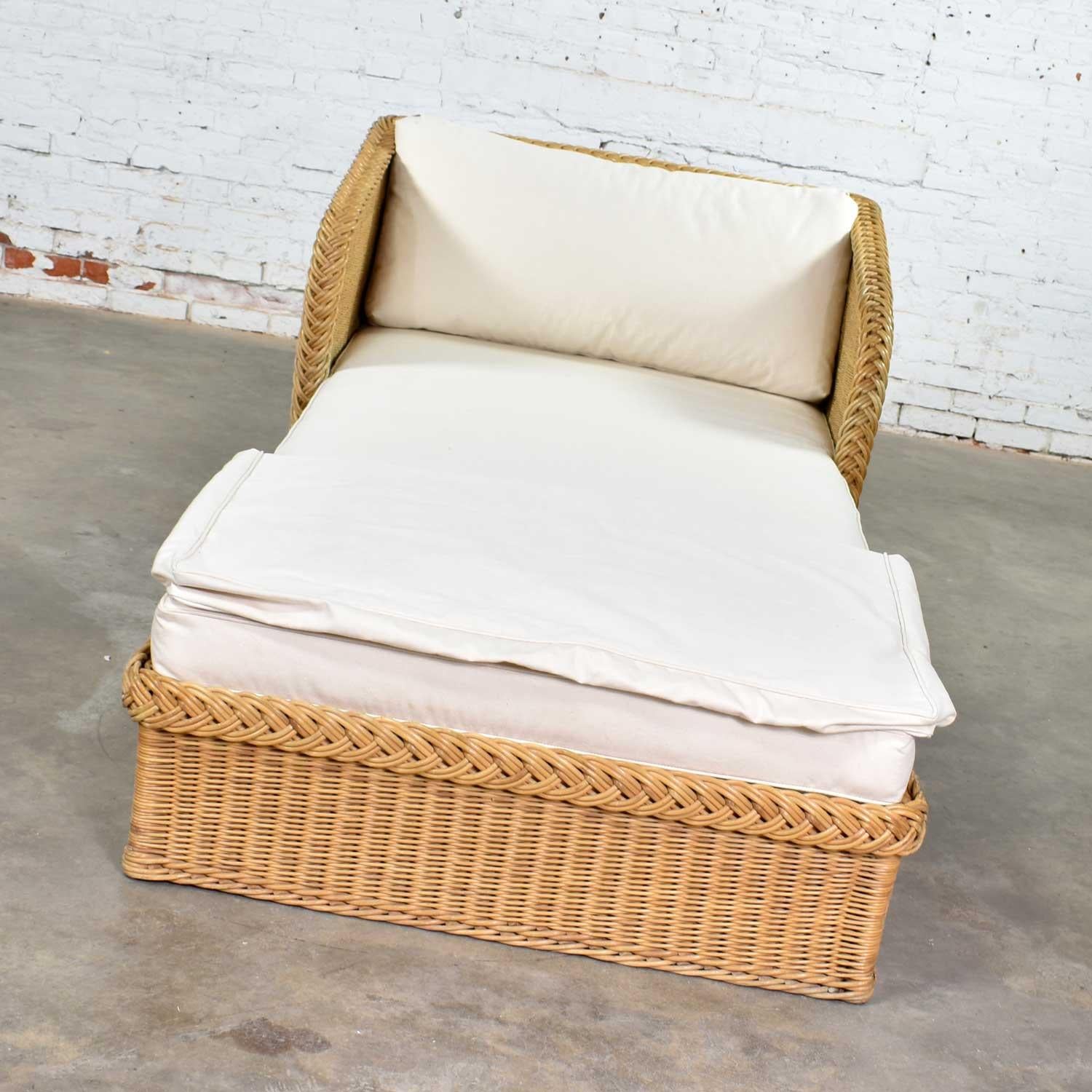 Wide Rattan Wicker Chaise by Bielecky Brothers, Inc. New White Canvas Upholstery 3