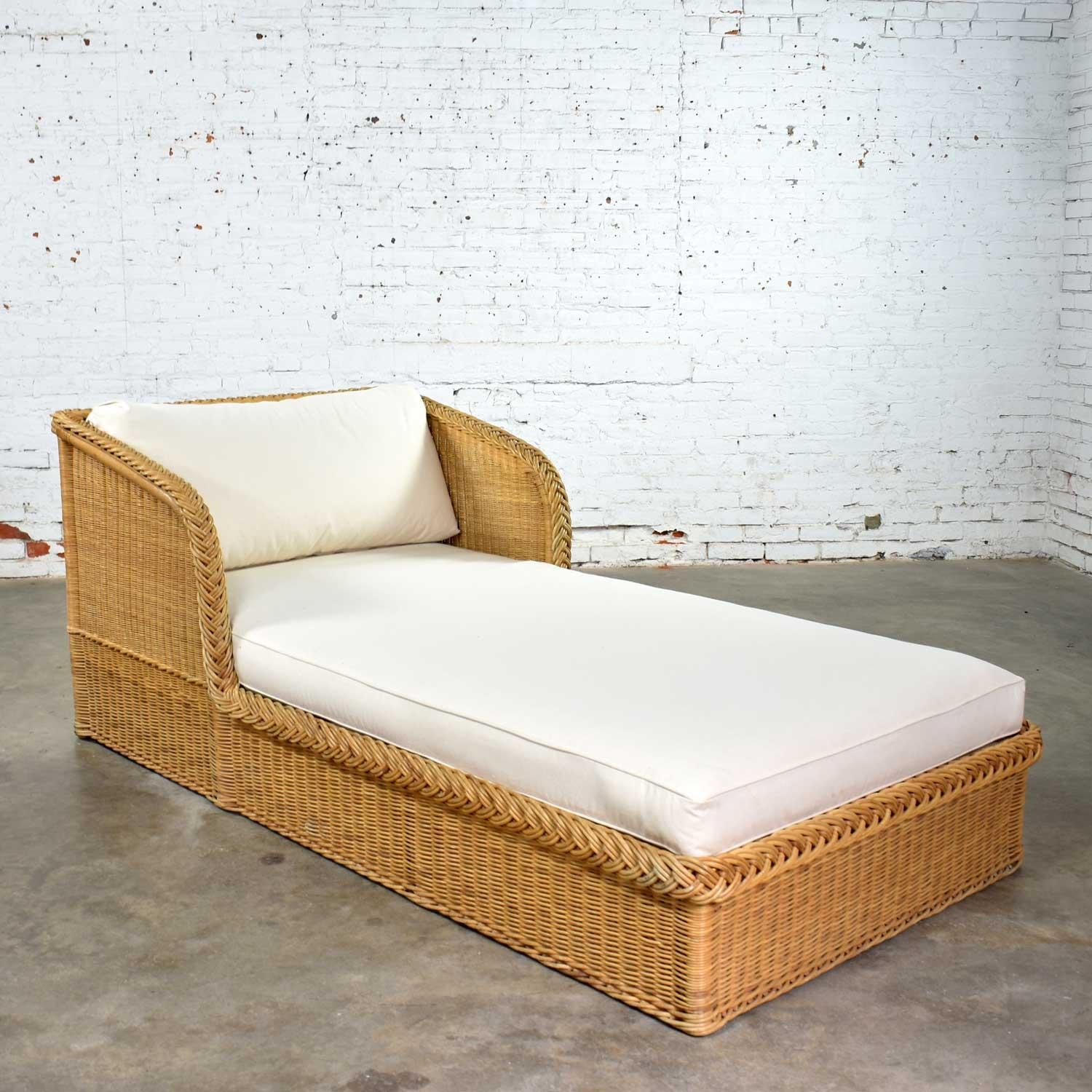 Organic Modern Wide Rattan Wicker Chaise by Bielecky Brothers, Inc. New White Canvas Upholstery