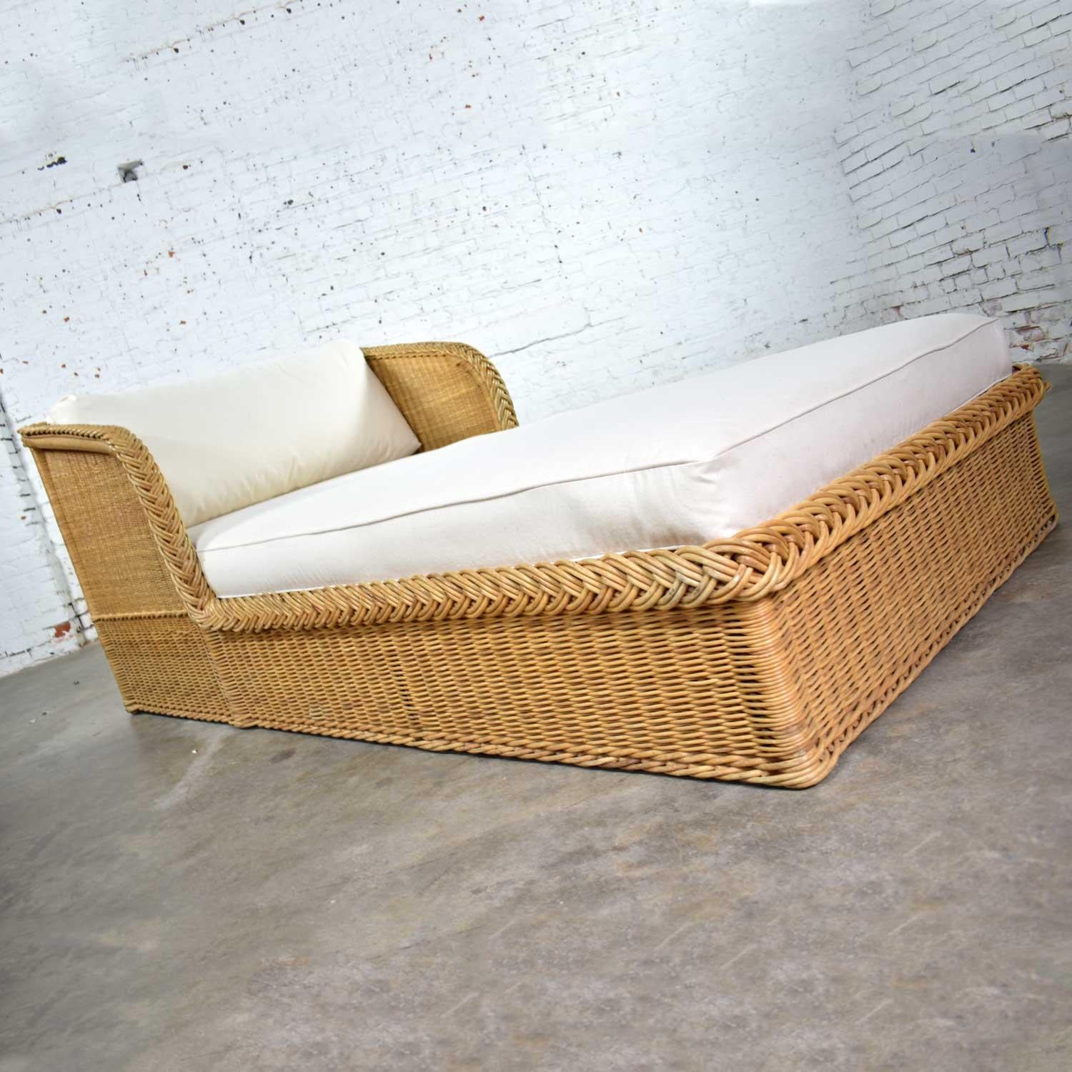 American Wide Rattan Wicker Chaise by Bielecky Brothers, Inc. New White Canvas Upholstery