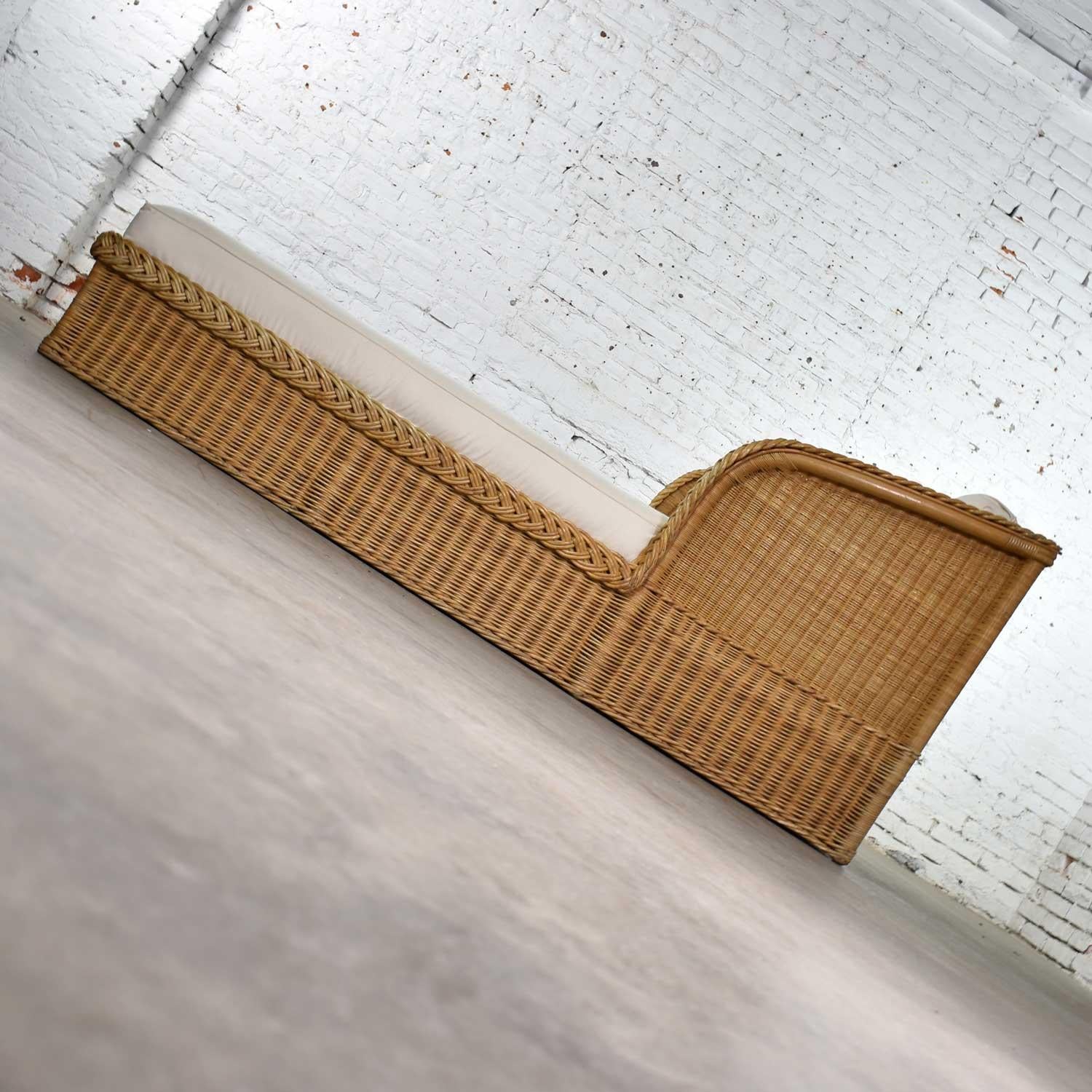 20th Century Wide Rattan Wicker Chaise by Bielecky Brothers, Inc. New White Canvas Upholstery