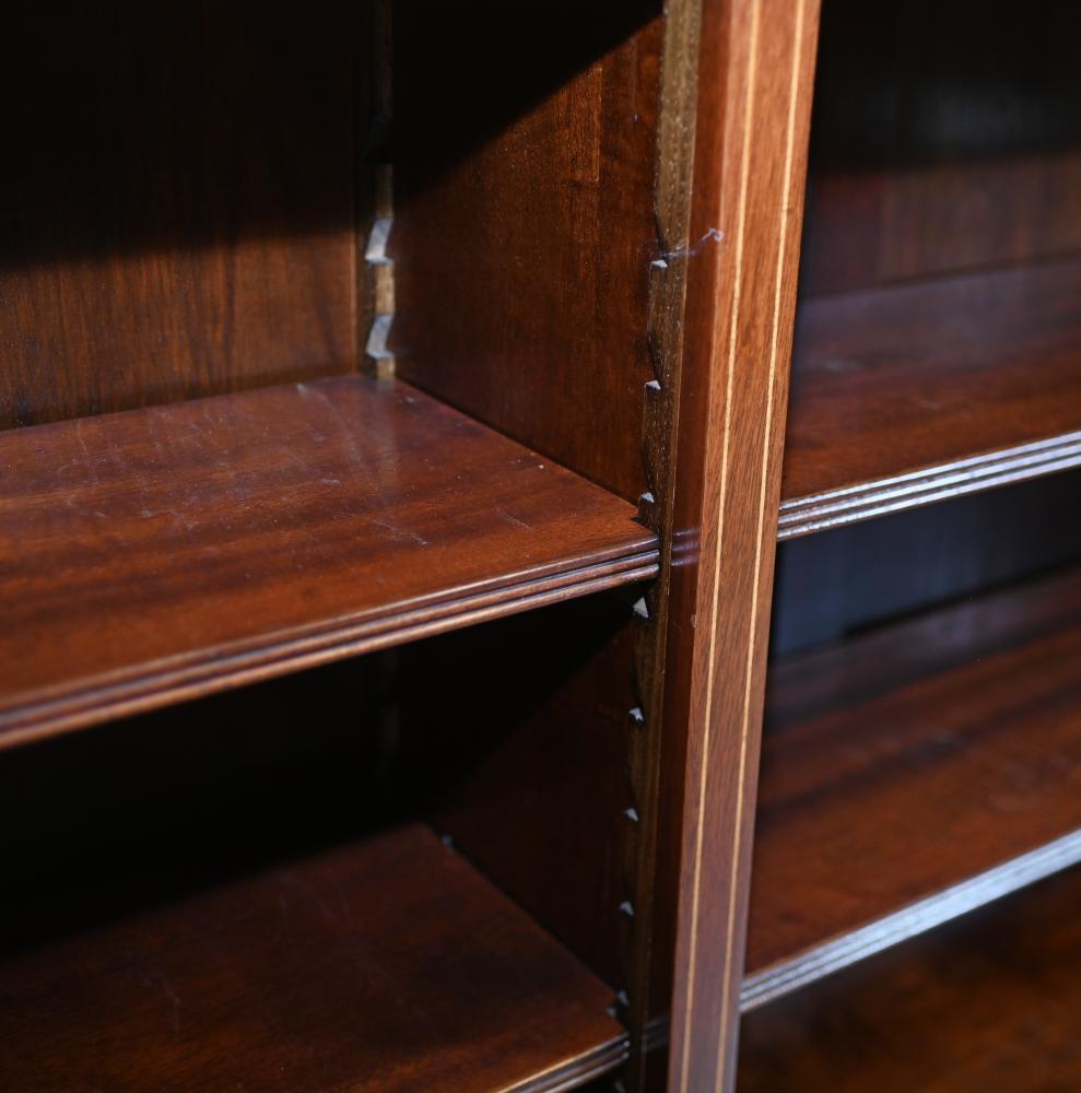 Late 20th Century Wide Regency Open Bookcase - Mahogany Inlay Library Study For Sale