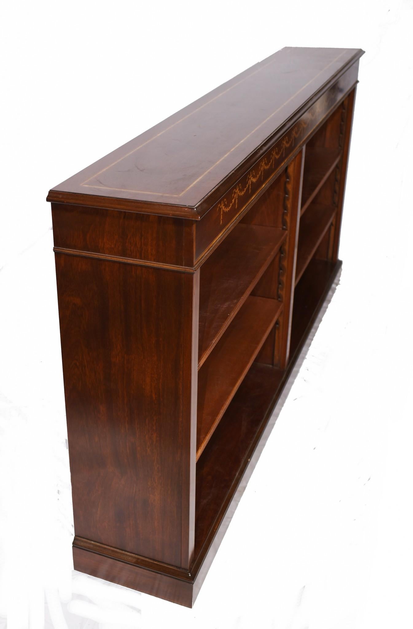 Late 20th Century Wide Regency Open Bookcase - Mahogany Inlay Library Study For Sale