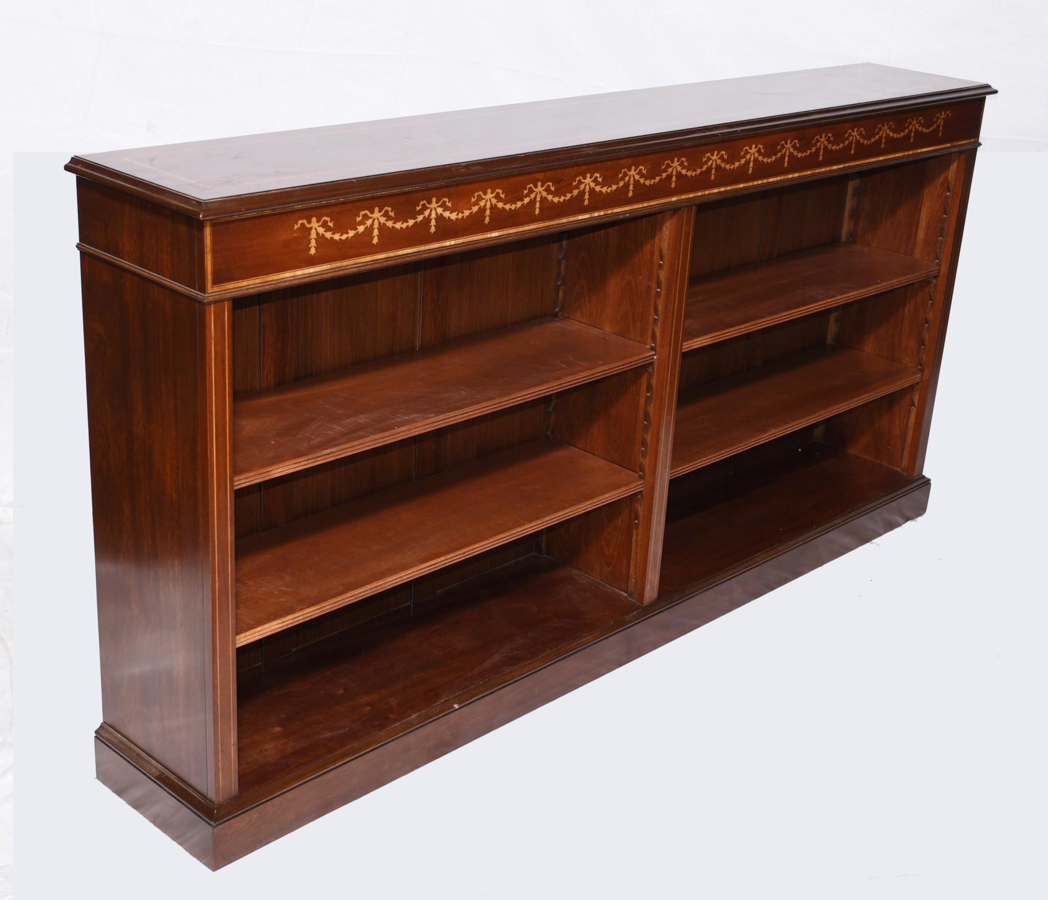 Wide Regency Open Bookcase - Mahogany Inlay Library Study For Sale 2
