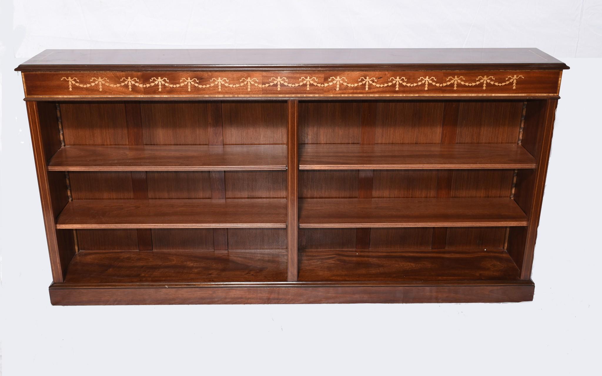Wide Regency Open Bookcase - Mahogany Inlay Library Study For Sale 3
