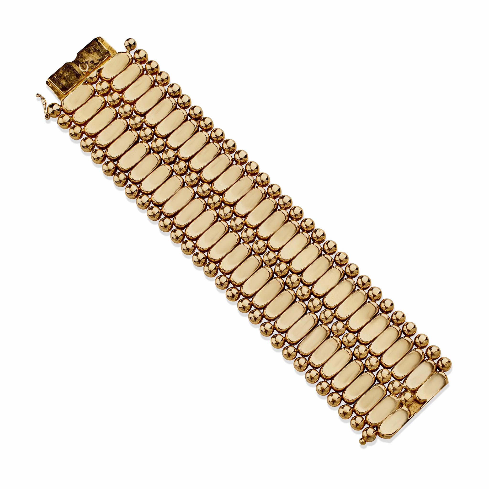 Wide Retro Fancy Link 18K Gold Strap Bracelet For Sale 1