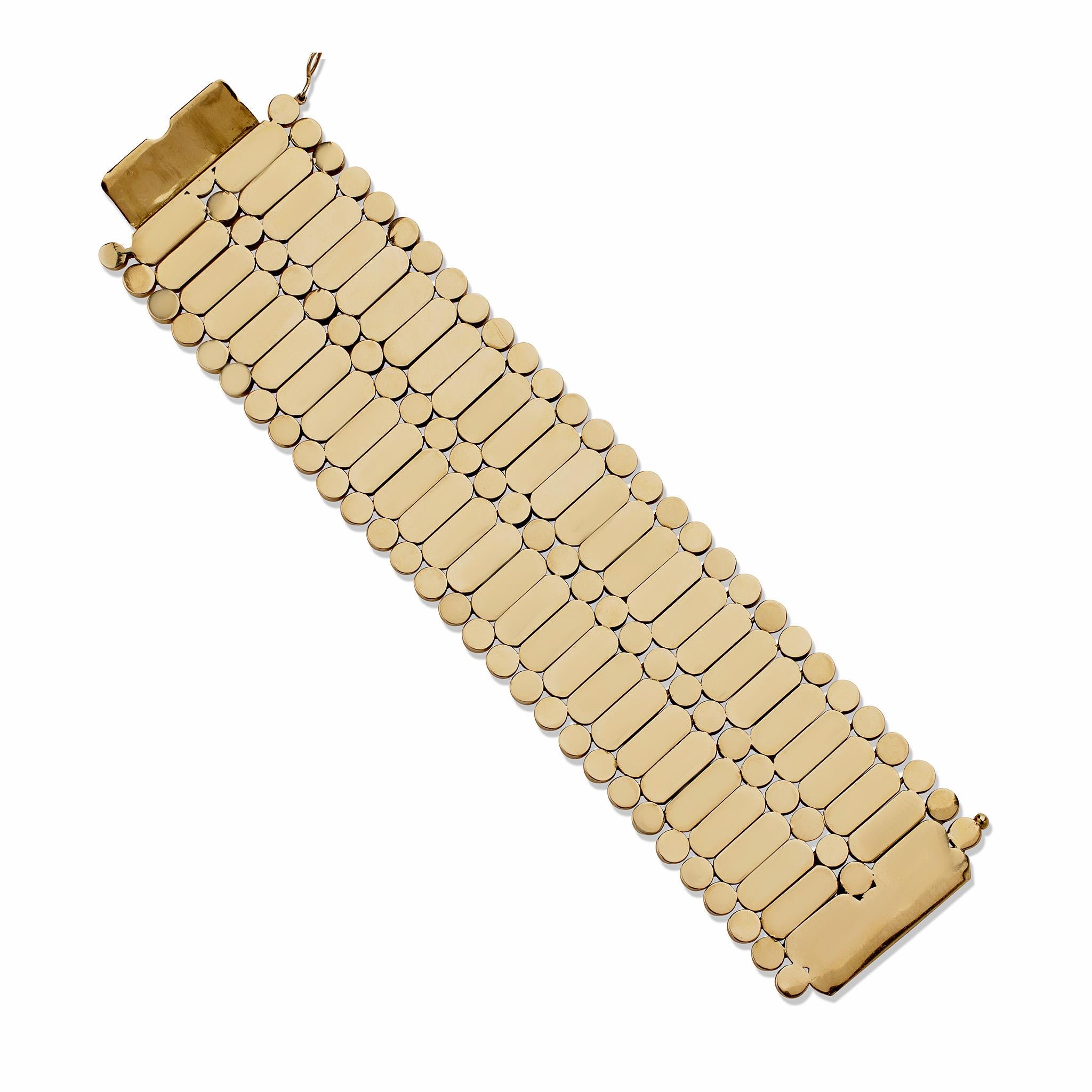 Wide Retro Fancy Link 18K Gold Strap Bracelet For Sale 2