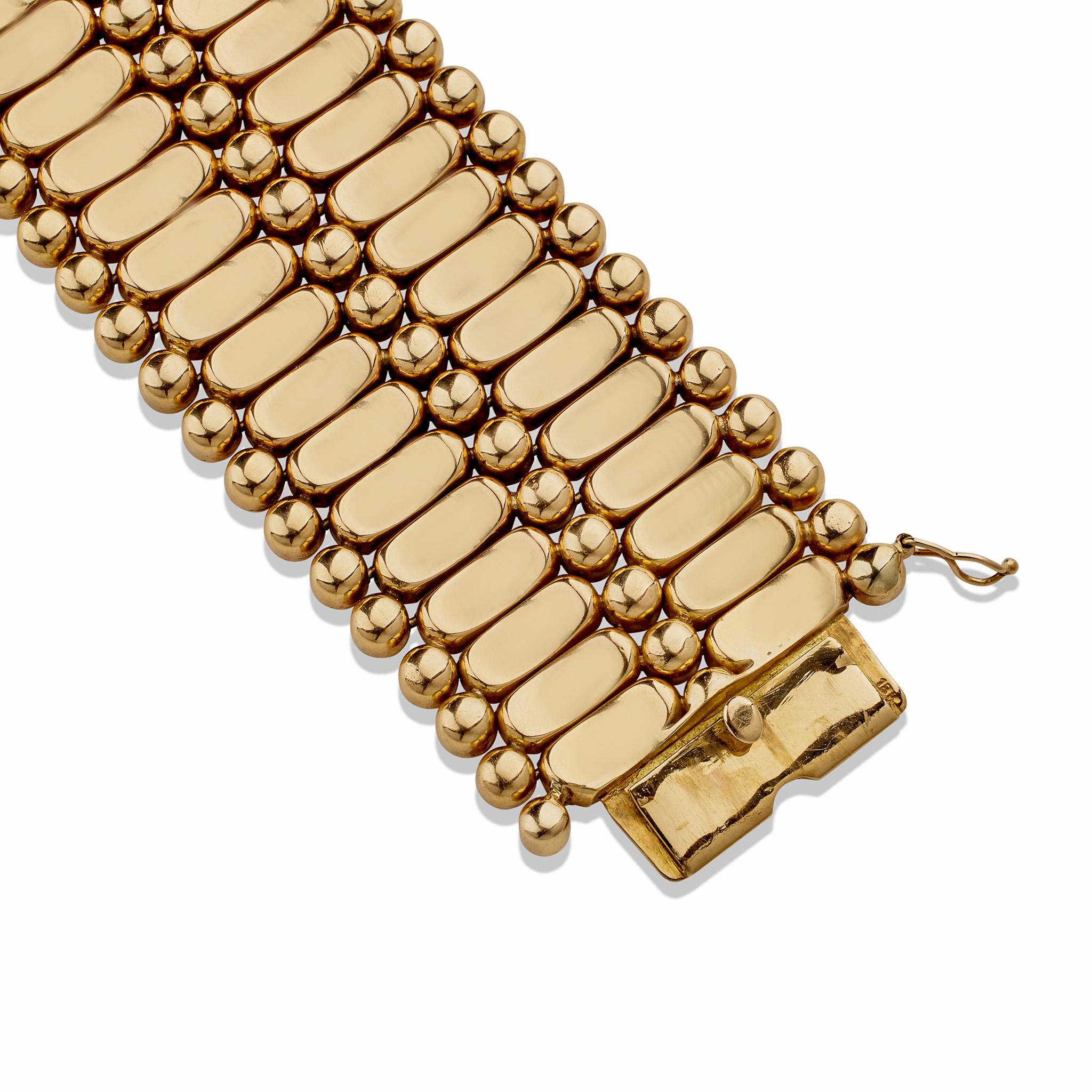 Wide Retro Fancy Link 18K Gold Strap Bracelet For Sale 3