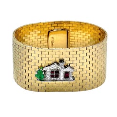 Wide Retro Period 14K Gold Brick Bracelet with Gem Set Art Deco Platinum Charm